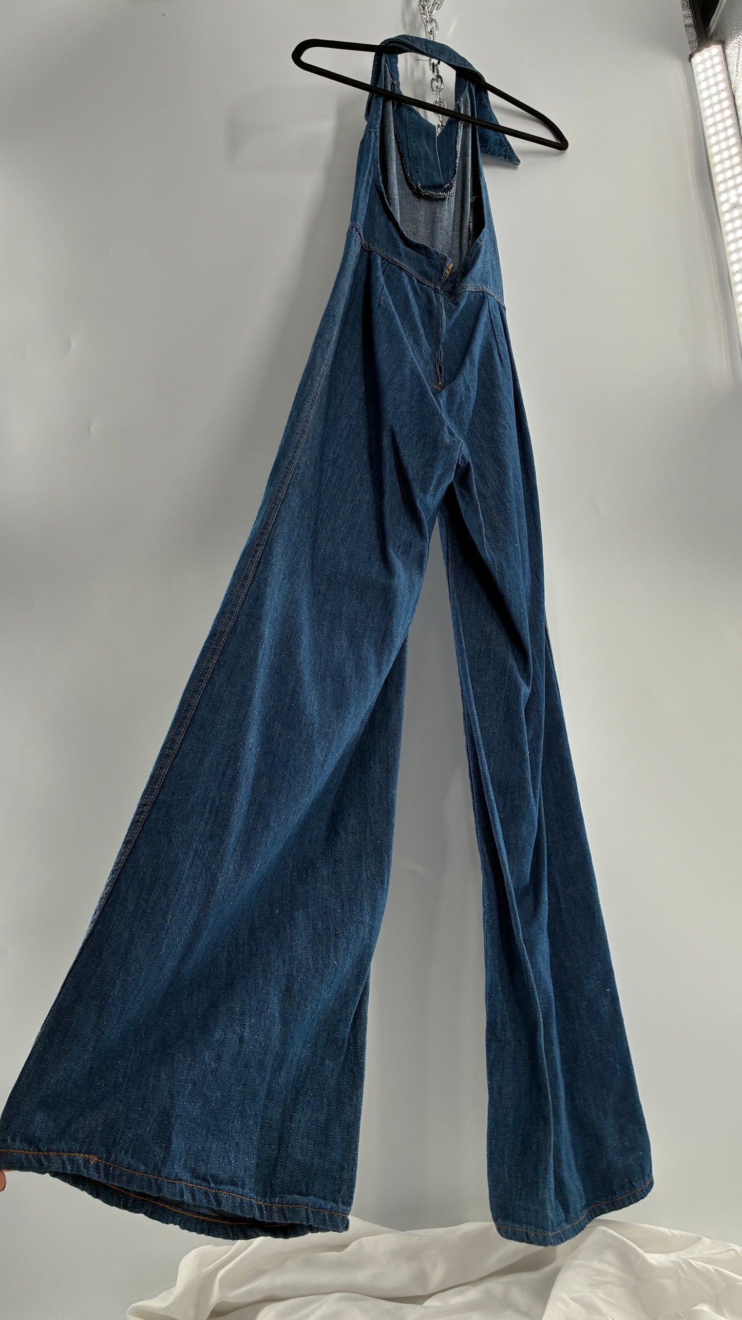 RARE Vintage 1970s Landlubber Medium Wash Denim, Sleeveless Halter, Wide Leg Bell Bottom, Jumpsuit (No Size on Tag, XS)