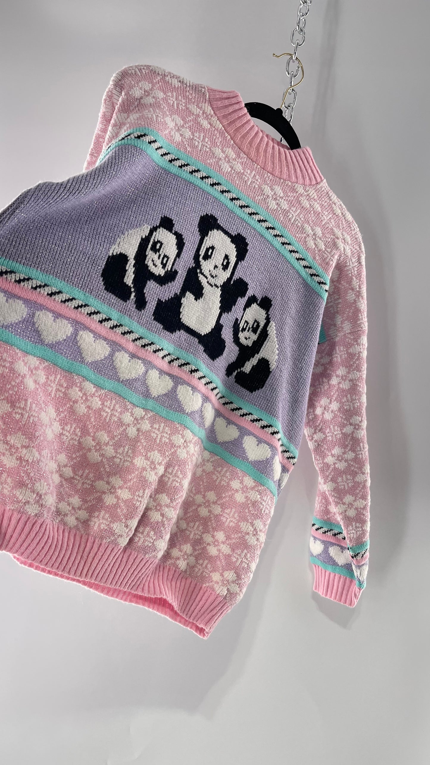 RARE 80s Vintage Adele Pastel Pink, Purple, Mint Silver Tinsel Sweater with Anime/Manga Art Style Pandas (Medium)