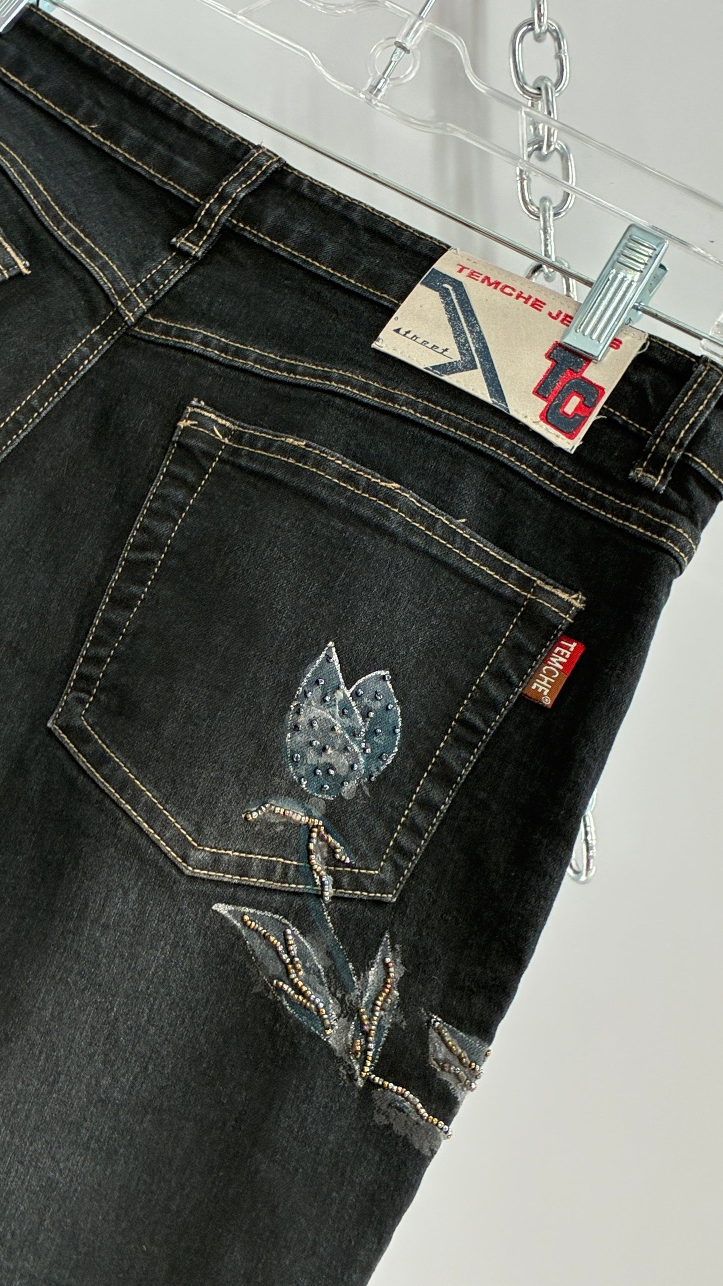 Vintage TEMCHE JEANS Dark Wash Jeans with Painted, Beaded Florals