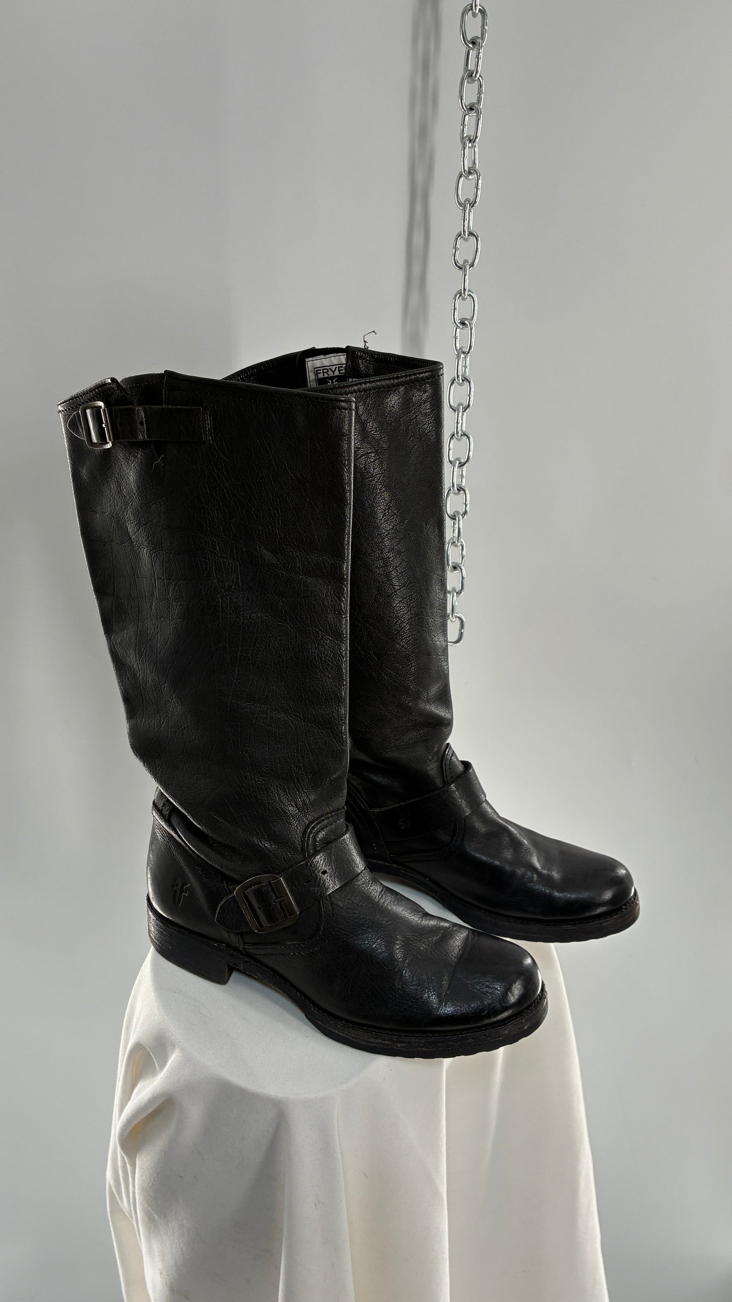 Vintage FRYE Veronica Tumble Shiny Black Leather Slouch Boot (8)
