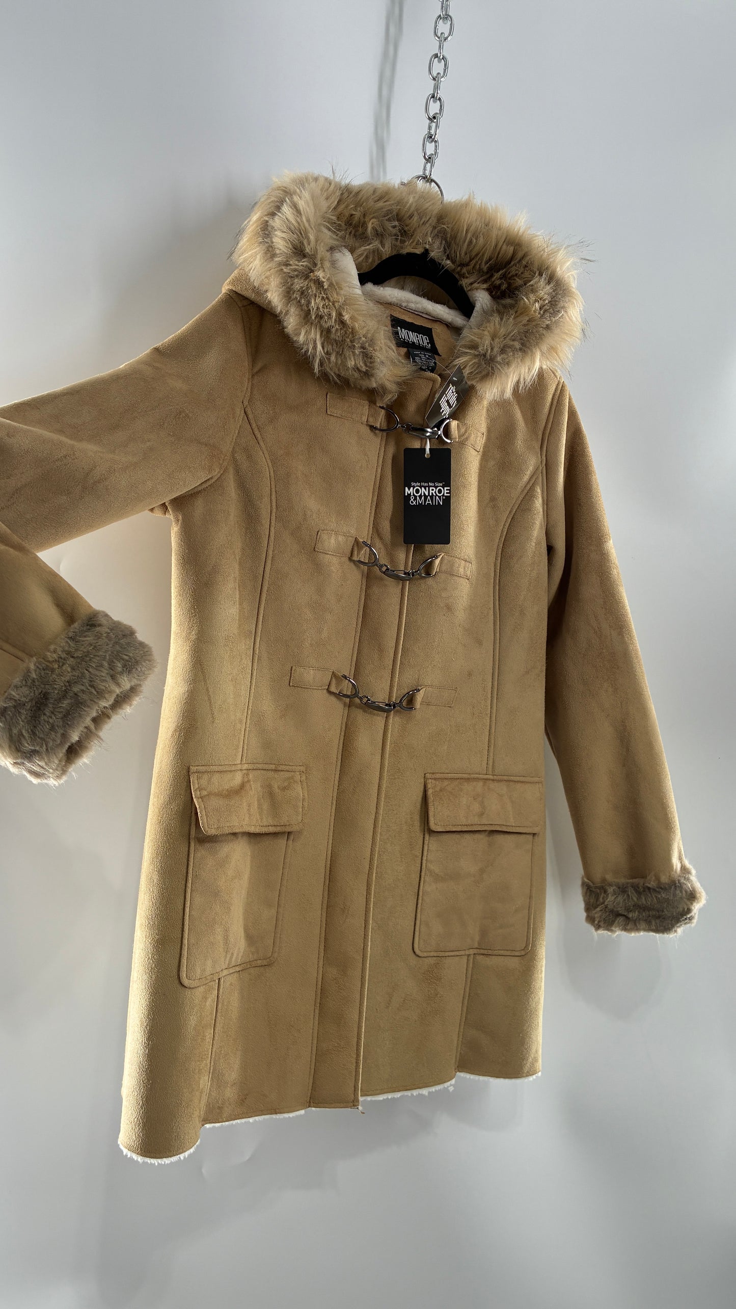 Deadstock Vintage MONROE AND MAIN Vegan Suede Coat with Fur Cuffs and Hood, Tags Attached (Medium)