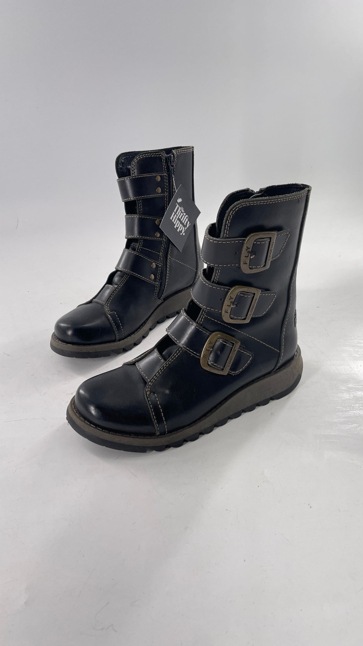 Fly London Black Zipper Side Biker Boot with Oversized Brass Buckles (38)