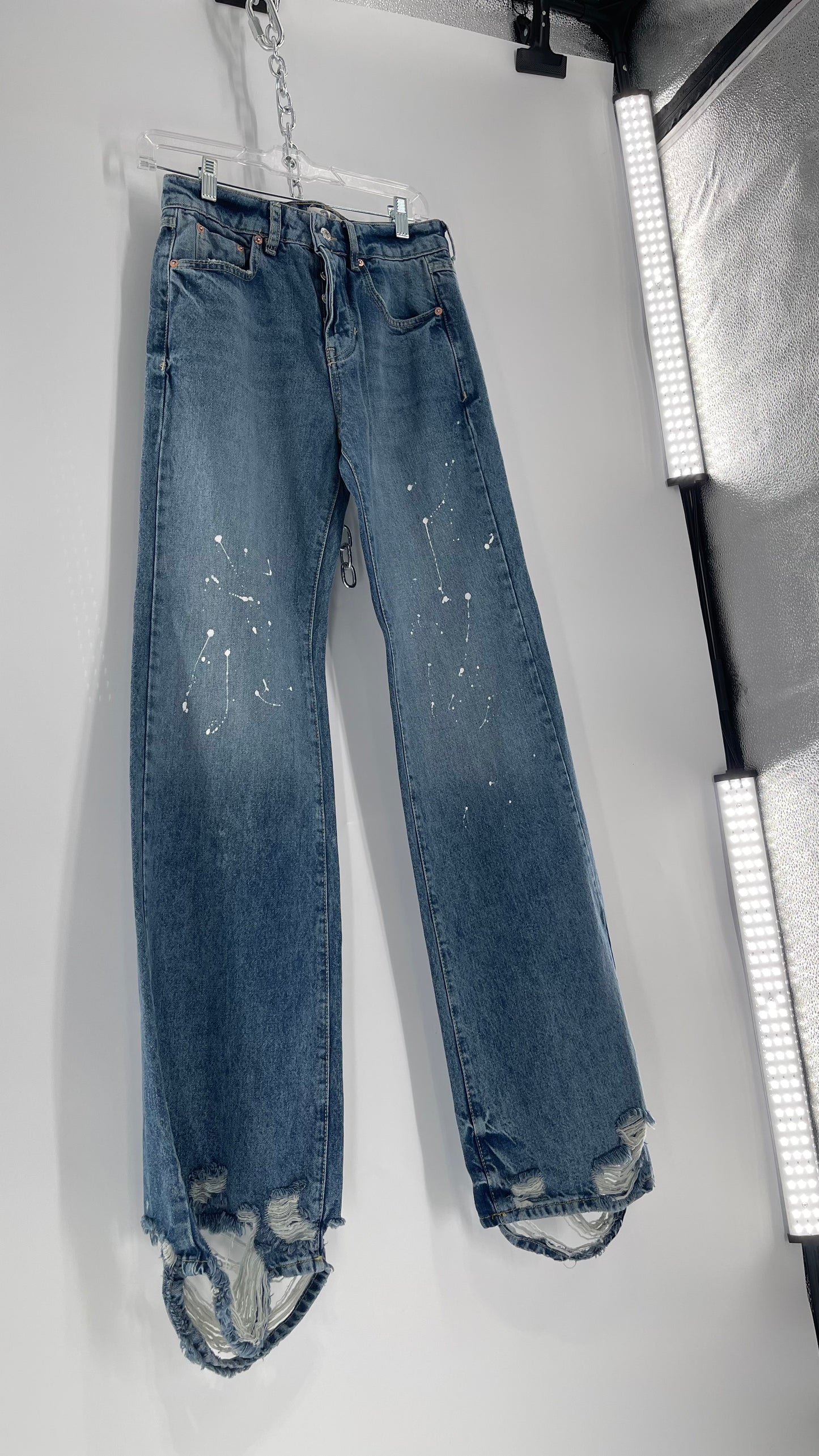 Free People Light Wash Straight Leg Jeans with Distressed Hem, Double Pockets and White Paint with Tags Attached (25)