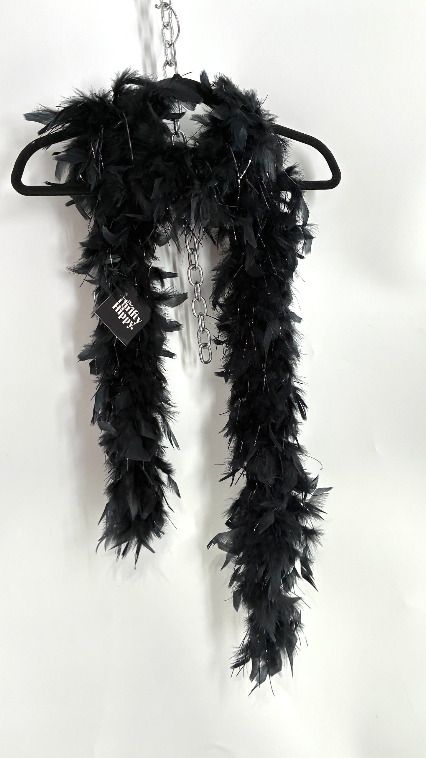 Vintage Black Ostrich Feather Scarf with Silver Tinsel