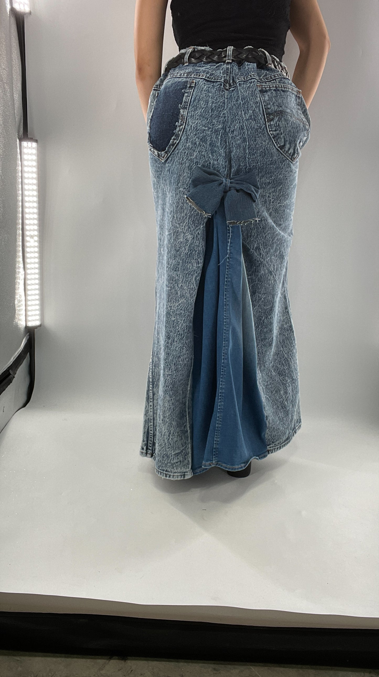 Custom Handmade Acid Wash Denim Slit Front Ruffled Skirt with Bow Bum (Large)