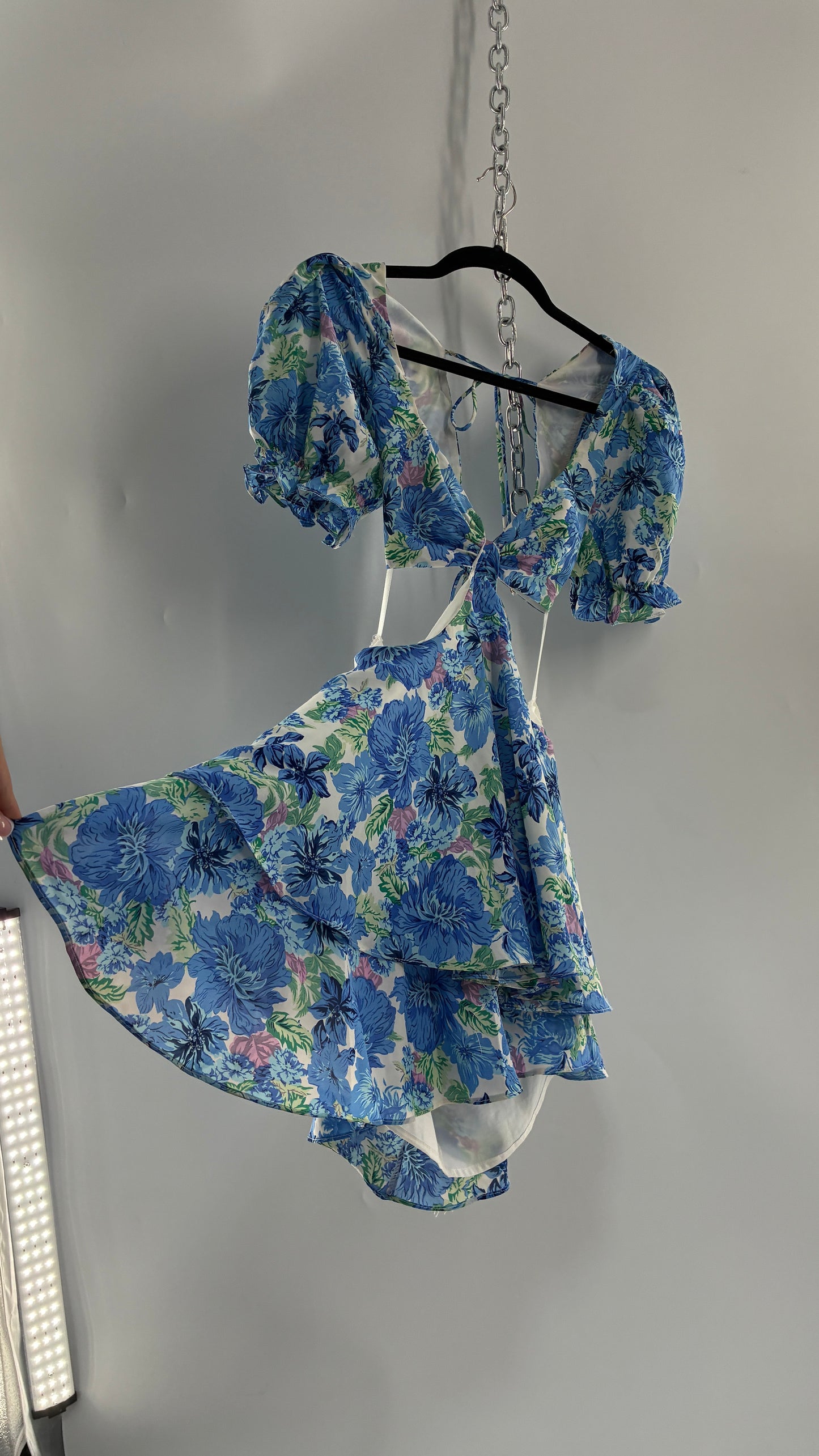 Hello Molly Blue Puff Sleeve Mini Dress with Completely Ruffled Sides and Tags Attached (XS)
