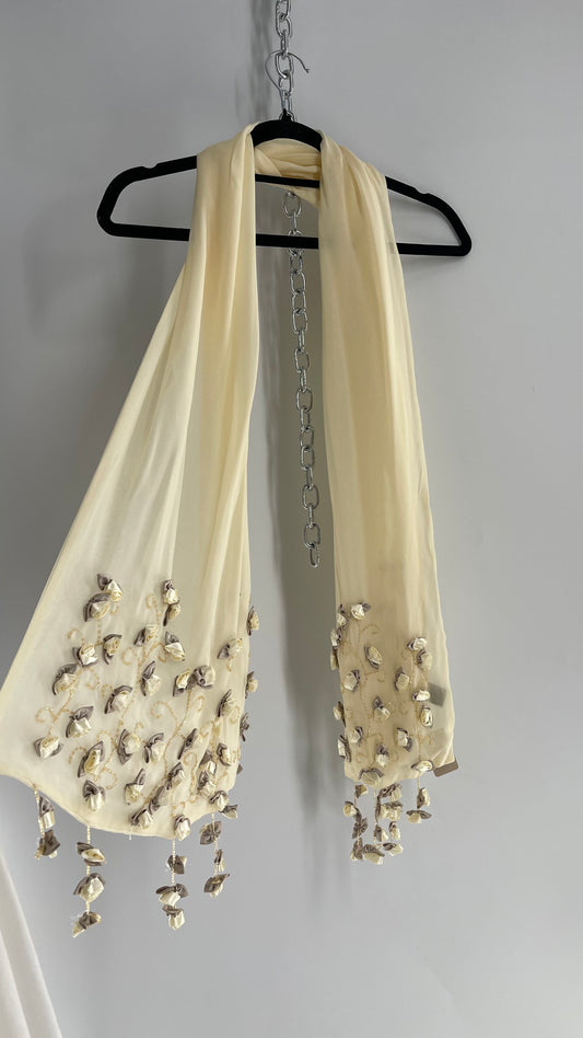 Vintage 1990s Baby Yellow Cream Silk Scarf with Embroidered Rosettes and Beaded Flowers