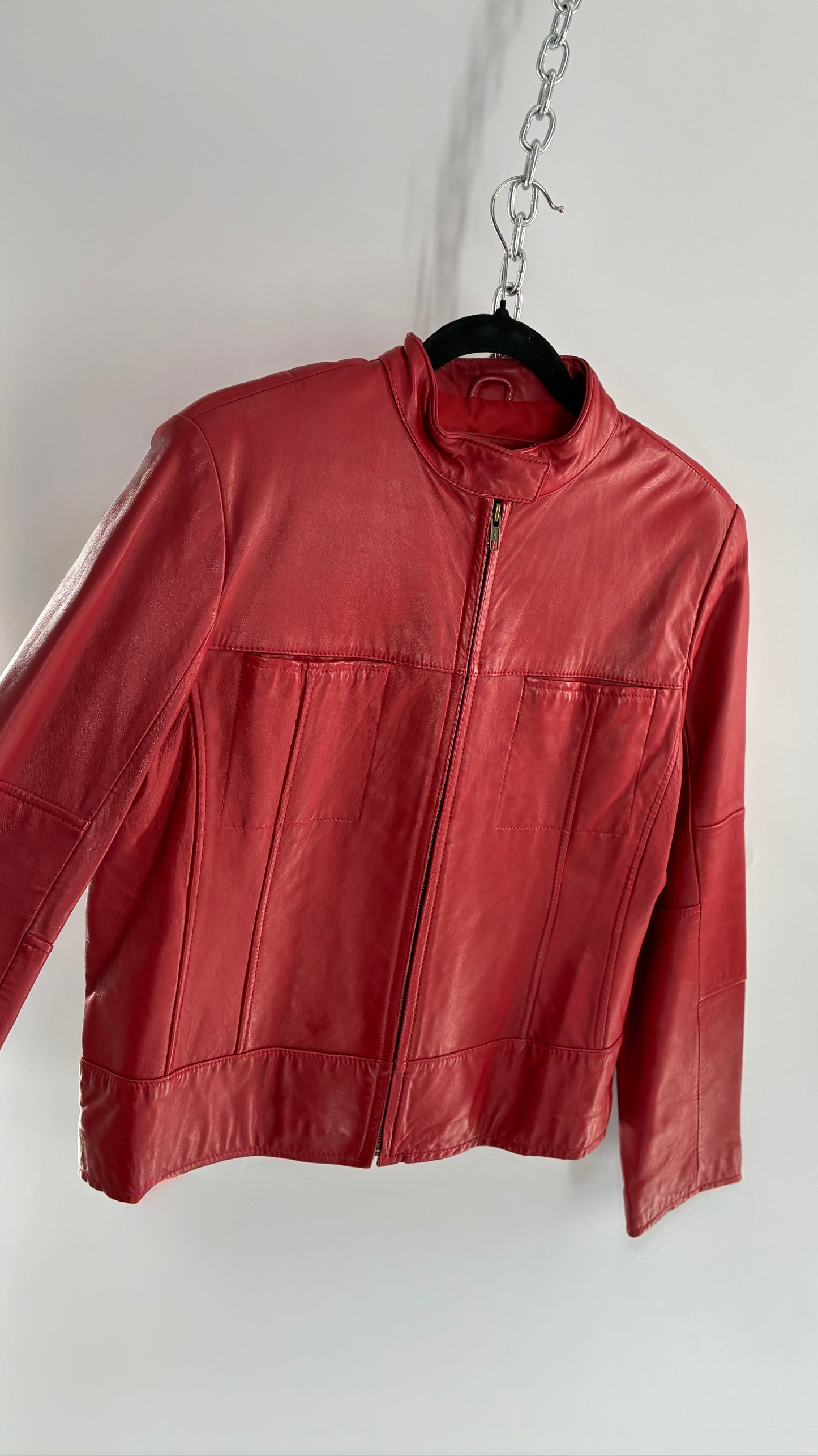 KATHY IRELAND Lamb Leather Red Motorcycle Neck Strap Jacket (Medium)