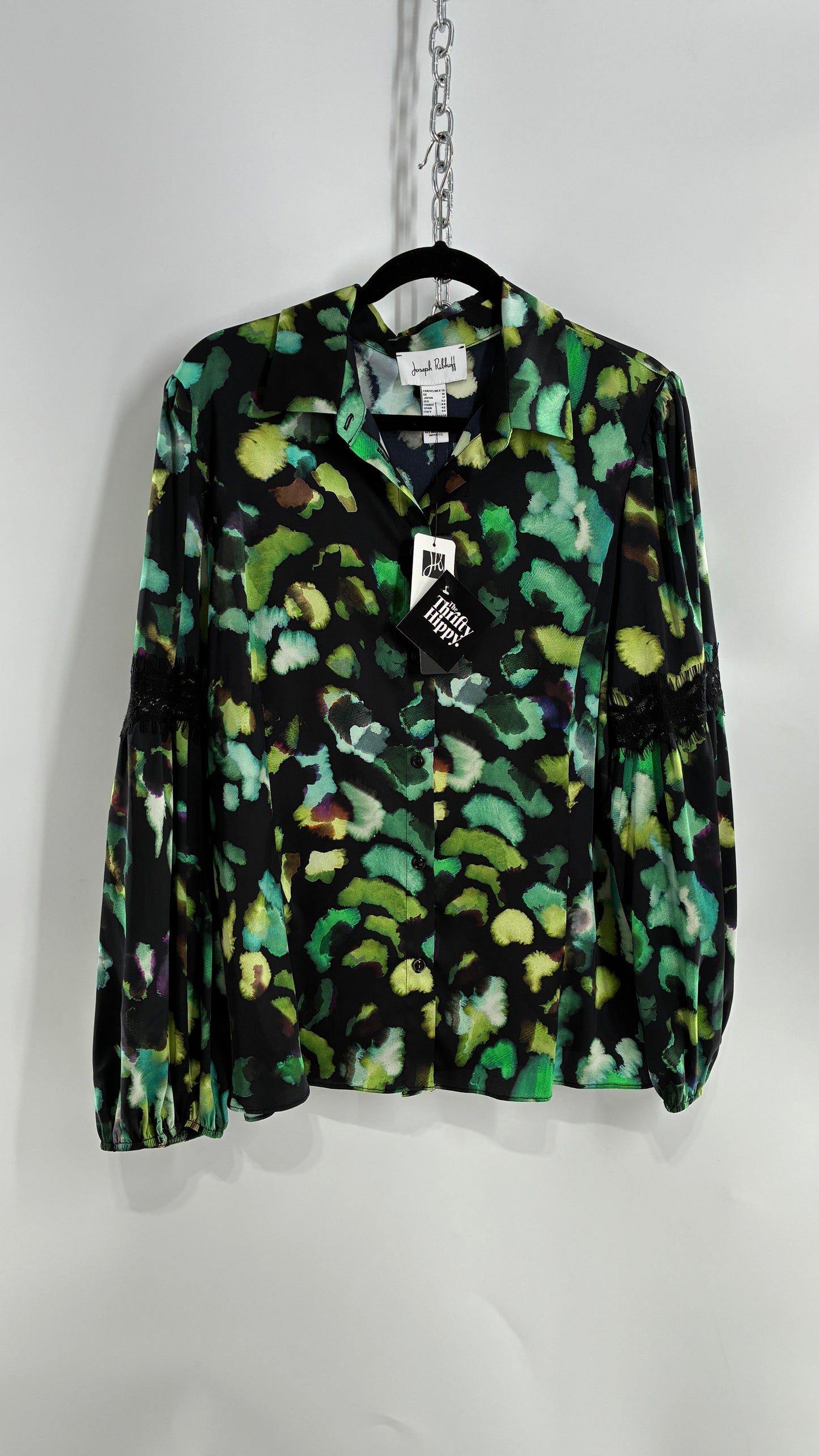 JOSEPH RIBKOFF Green Graphic Balloon Sleeve Blouse with Tags Attached (14)