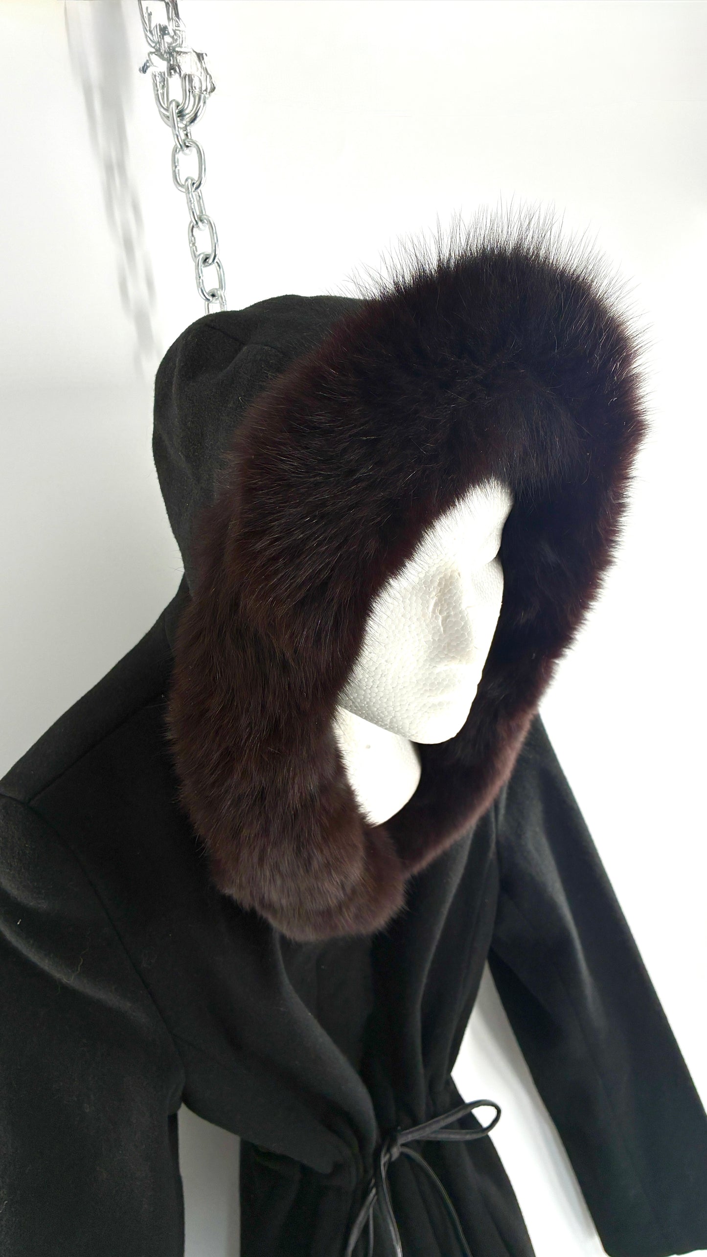 Vintage STEVE by SEARLE Cashmere Blend Coat with Underbust Tie and Fur Hood