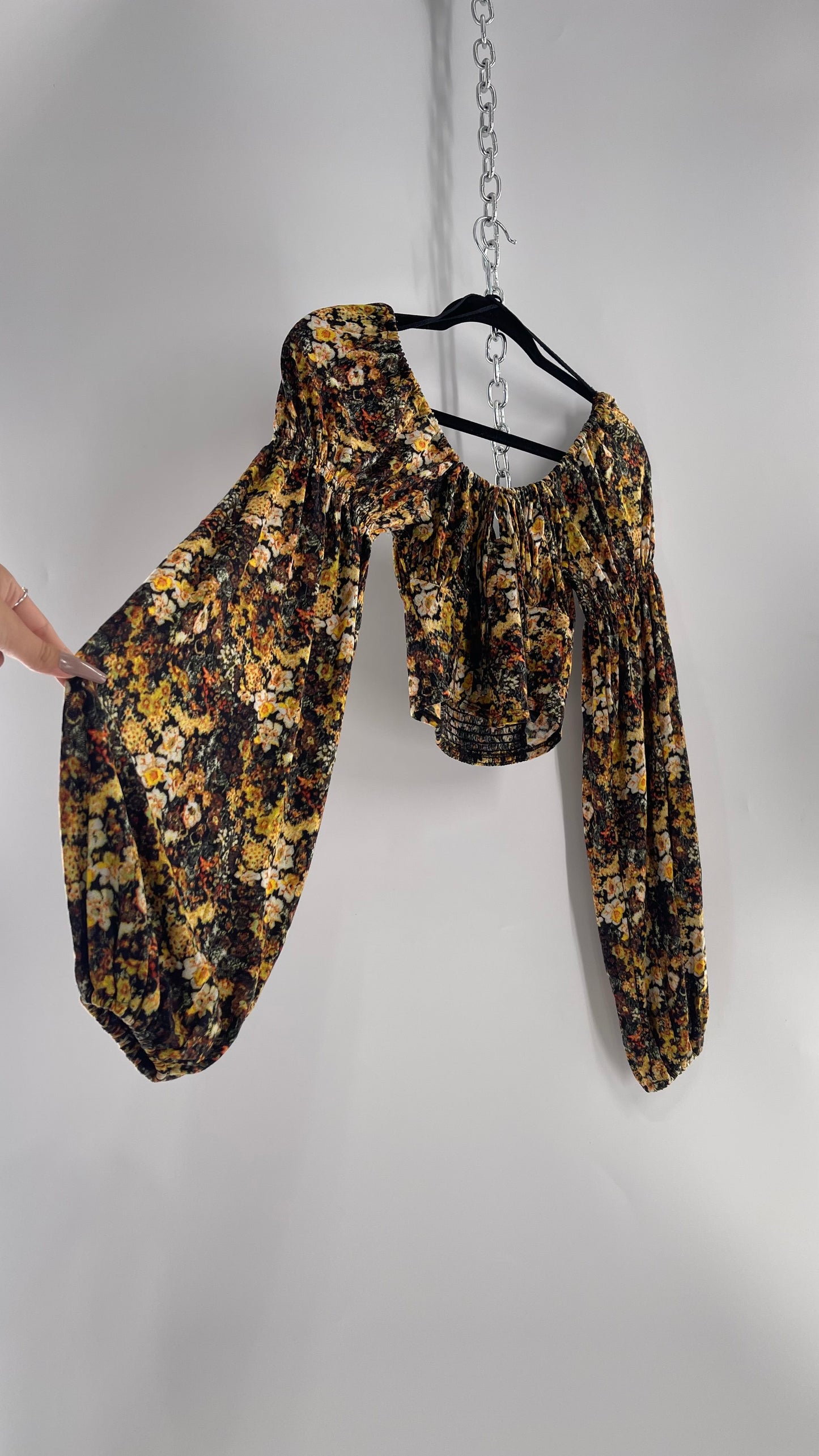 Urban Outfitters Black Yellow Fall Florals Balloon Sleeve Milkmaid Bust Top (Medium)