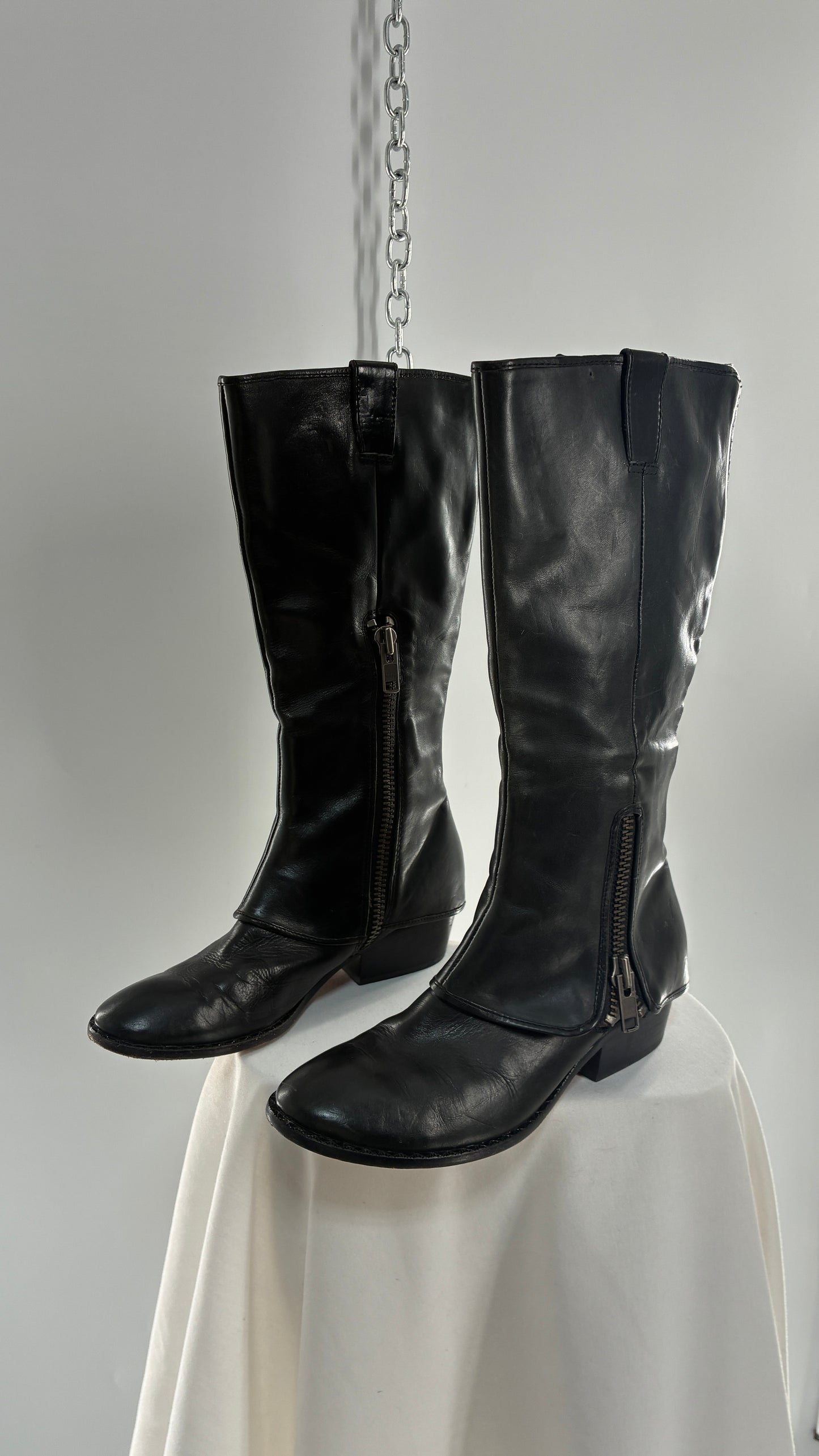 Vintage KORK EASE Black Genuine Leather Fold Over Boots with Heavy Metal Detailing (9/40.5)