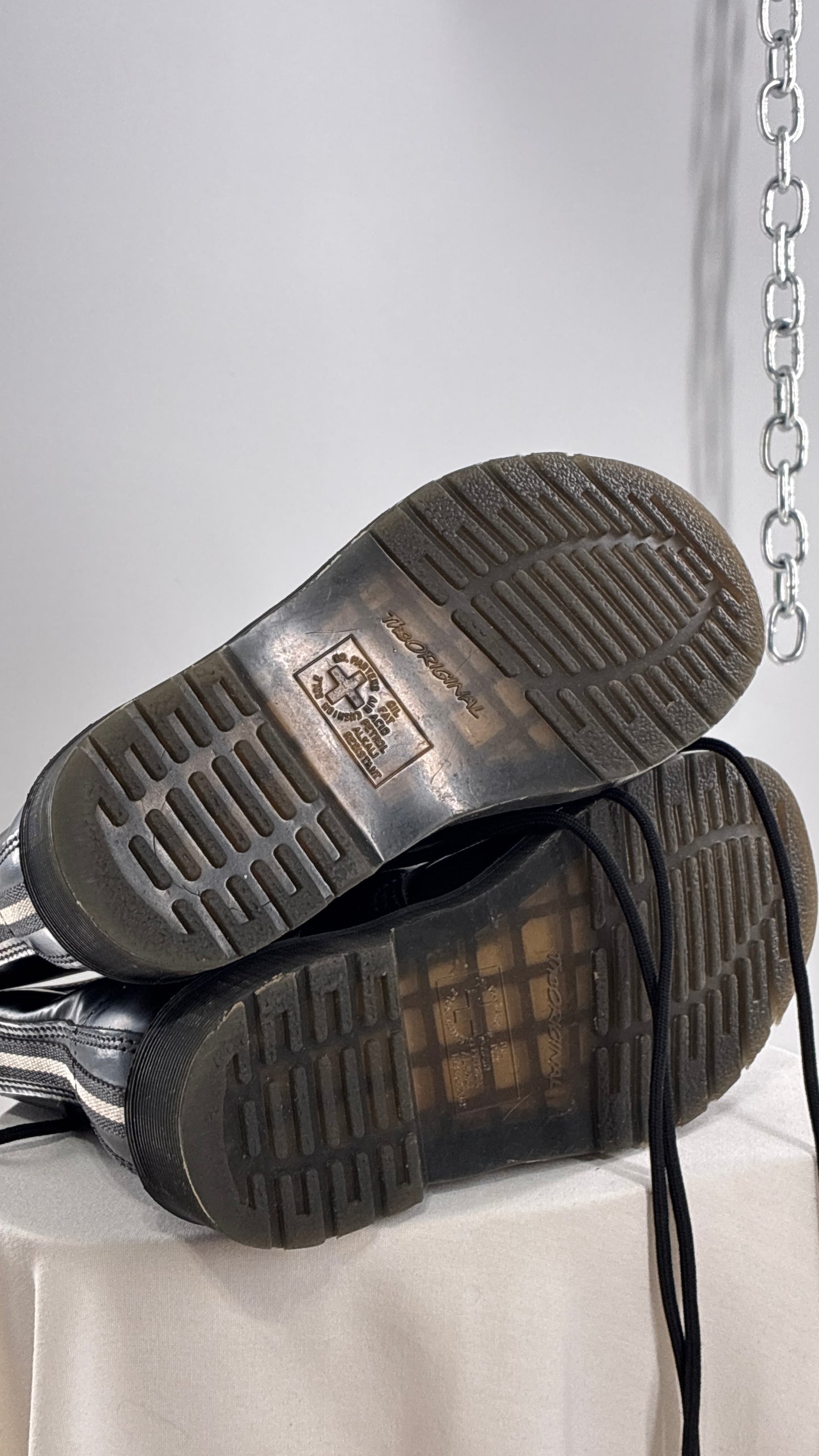 Vintage DR.MARTENS AirWair 1460 DISRUPT Black Patent Leather Boots with White Hardware (8L, 7M)