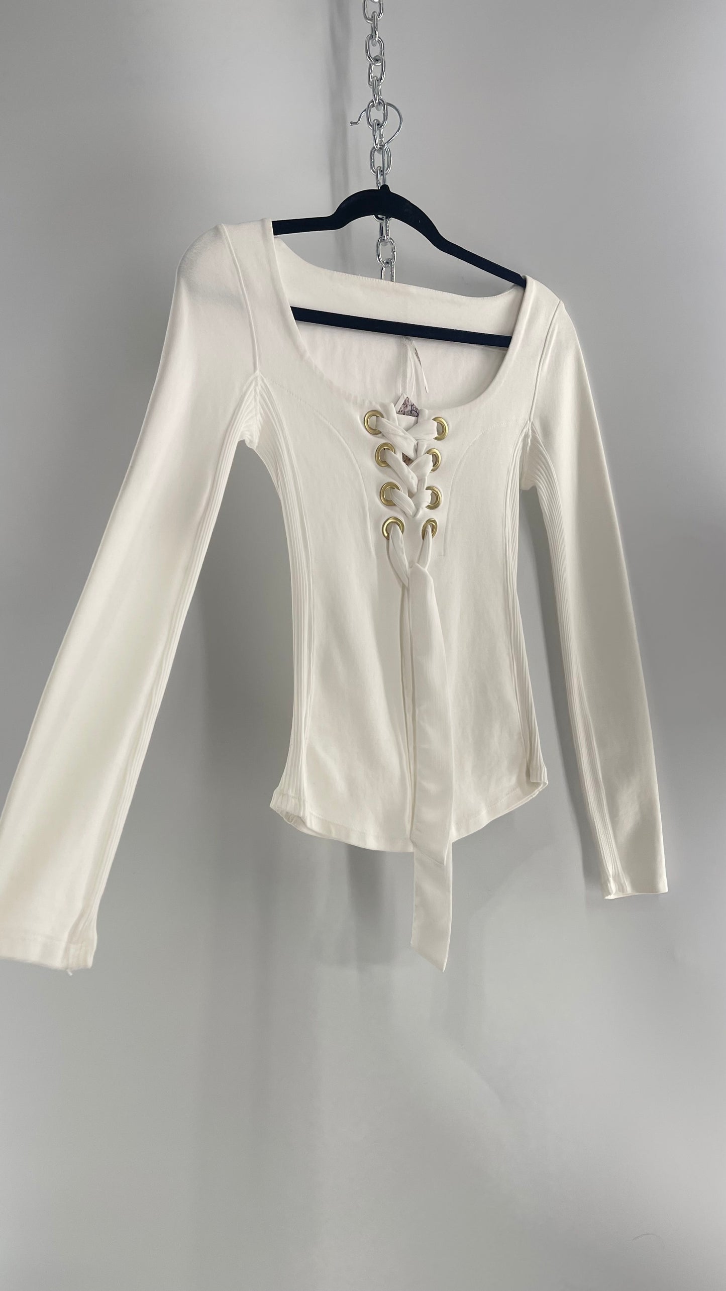 Free People White Lace Up Long Sleeve with Gold Grommets (XS)