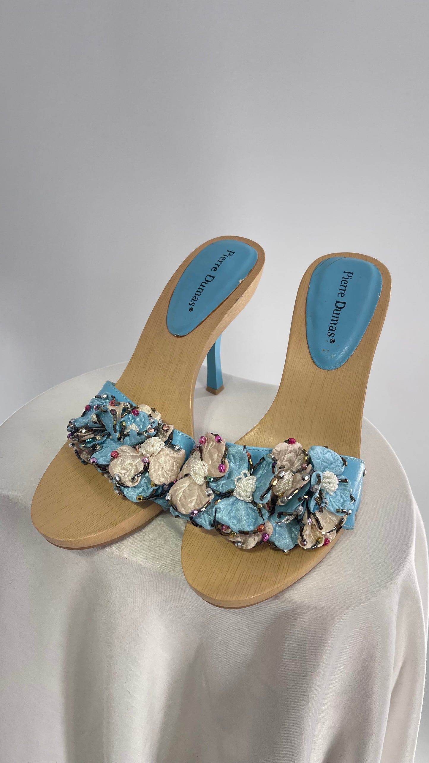 Pierre Dumas Baby Blue Wooden Heel with Beaded Floral Appliqués (9)