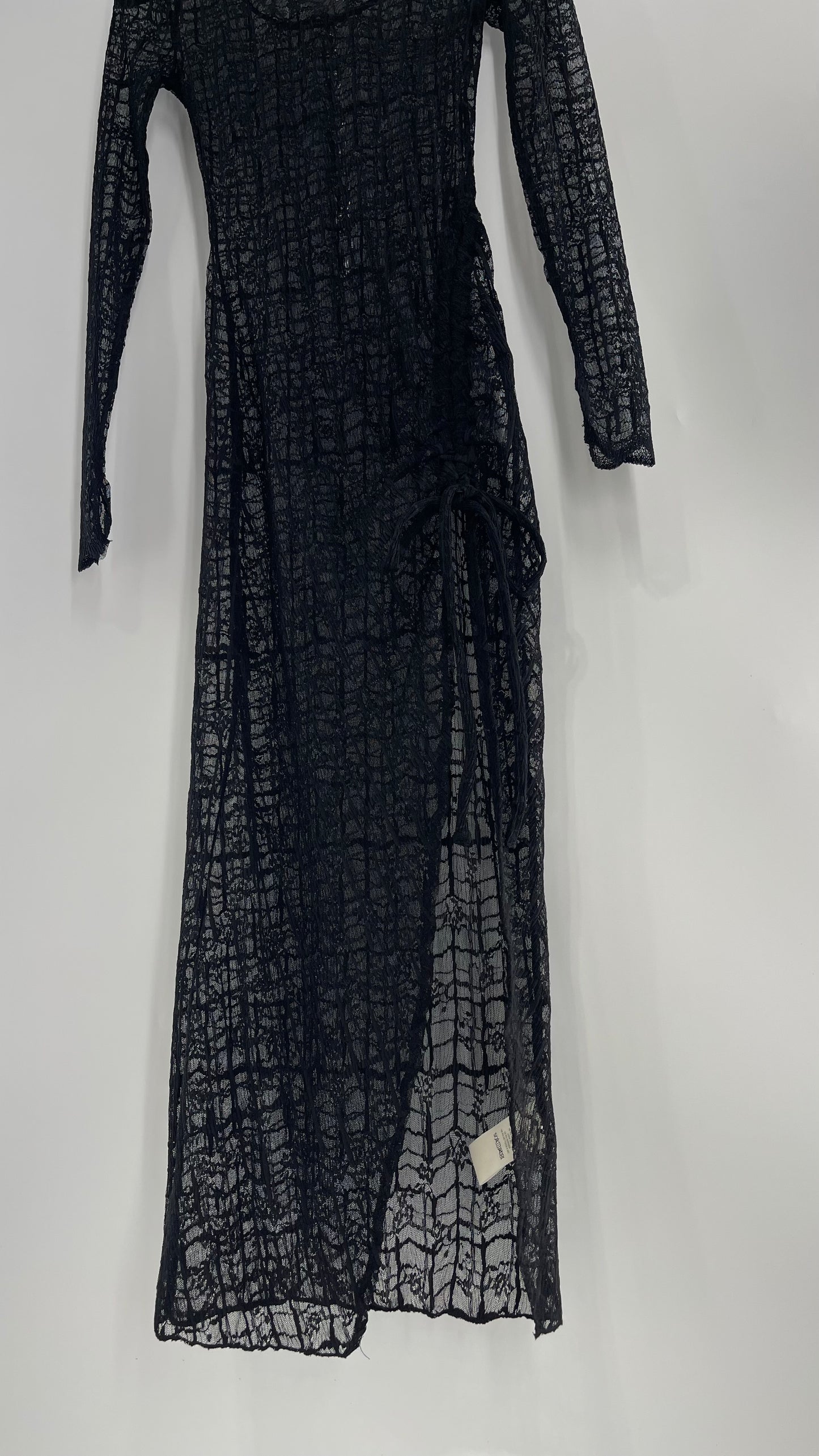 Free People Sabina Black Sheer Crimped Lace Long Sleeve Maxi with Ruched Slit (XS)