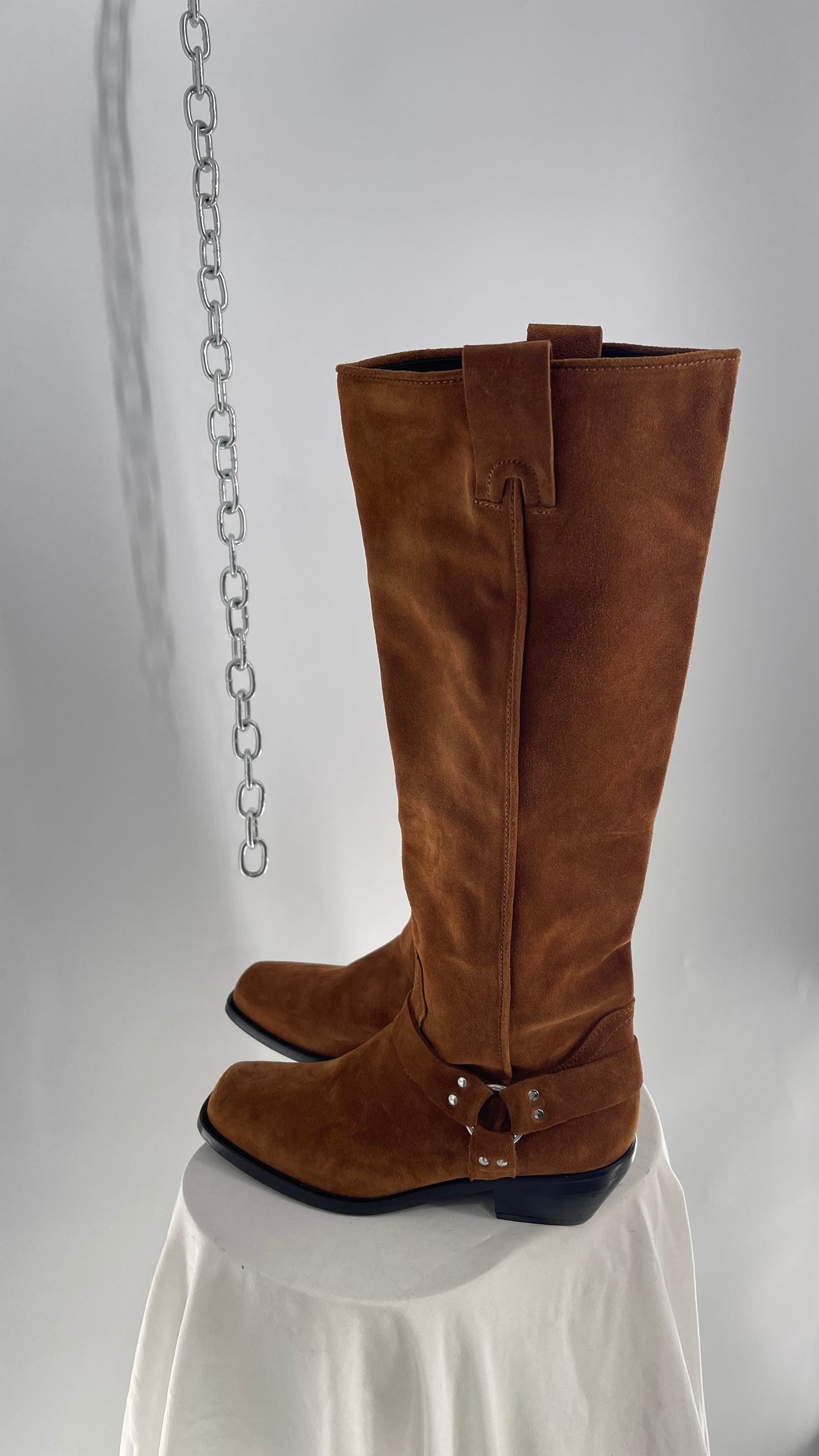 Free People Lockhardt Harness Thick Suede Leather Square Toe Knee High Boot (37)