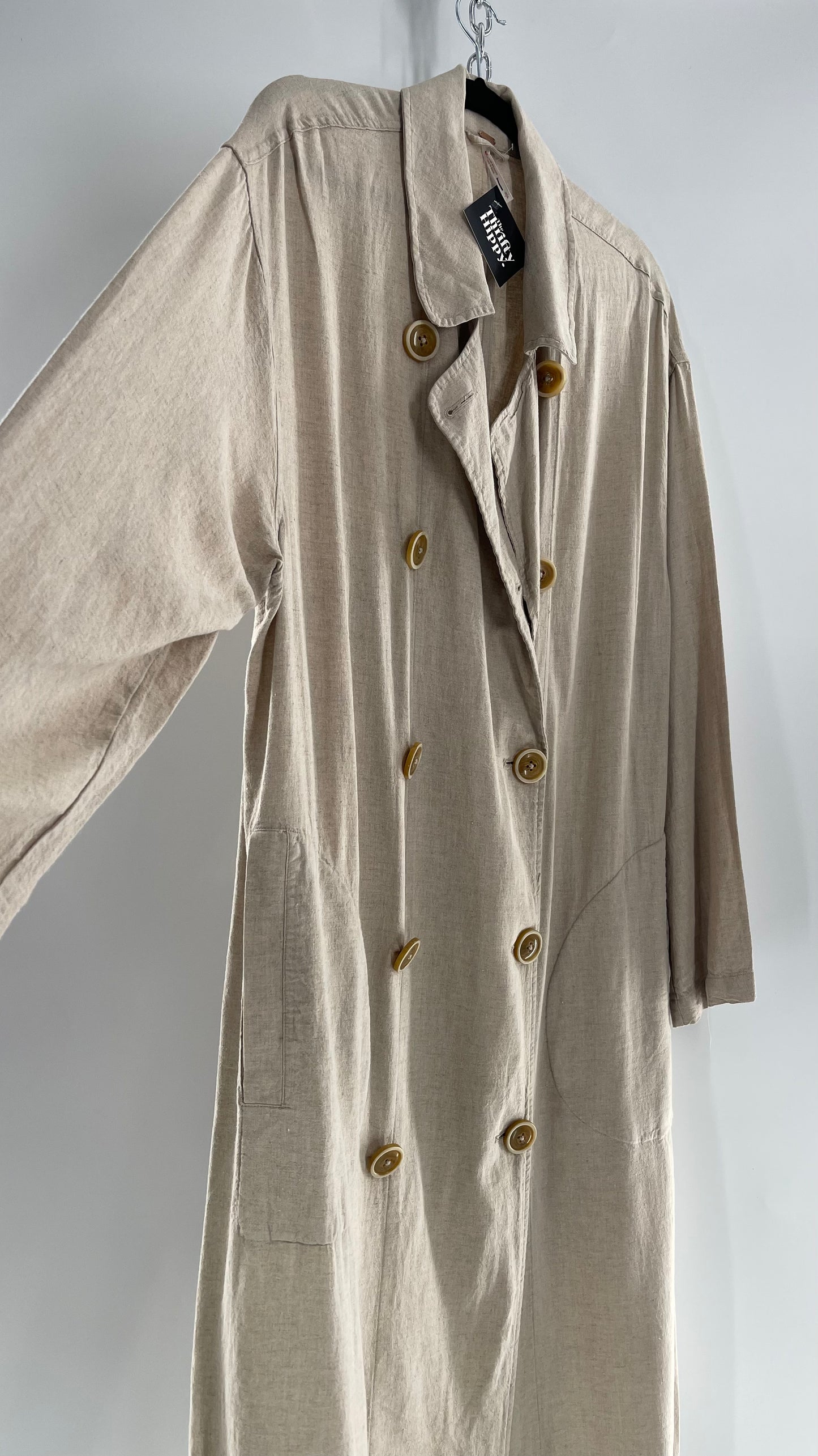 Free People Double Breasted Beige Linen Trench Coat with Brown Buttons and Tags Attached