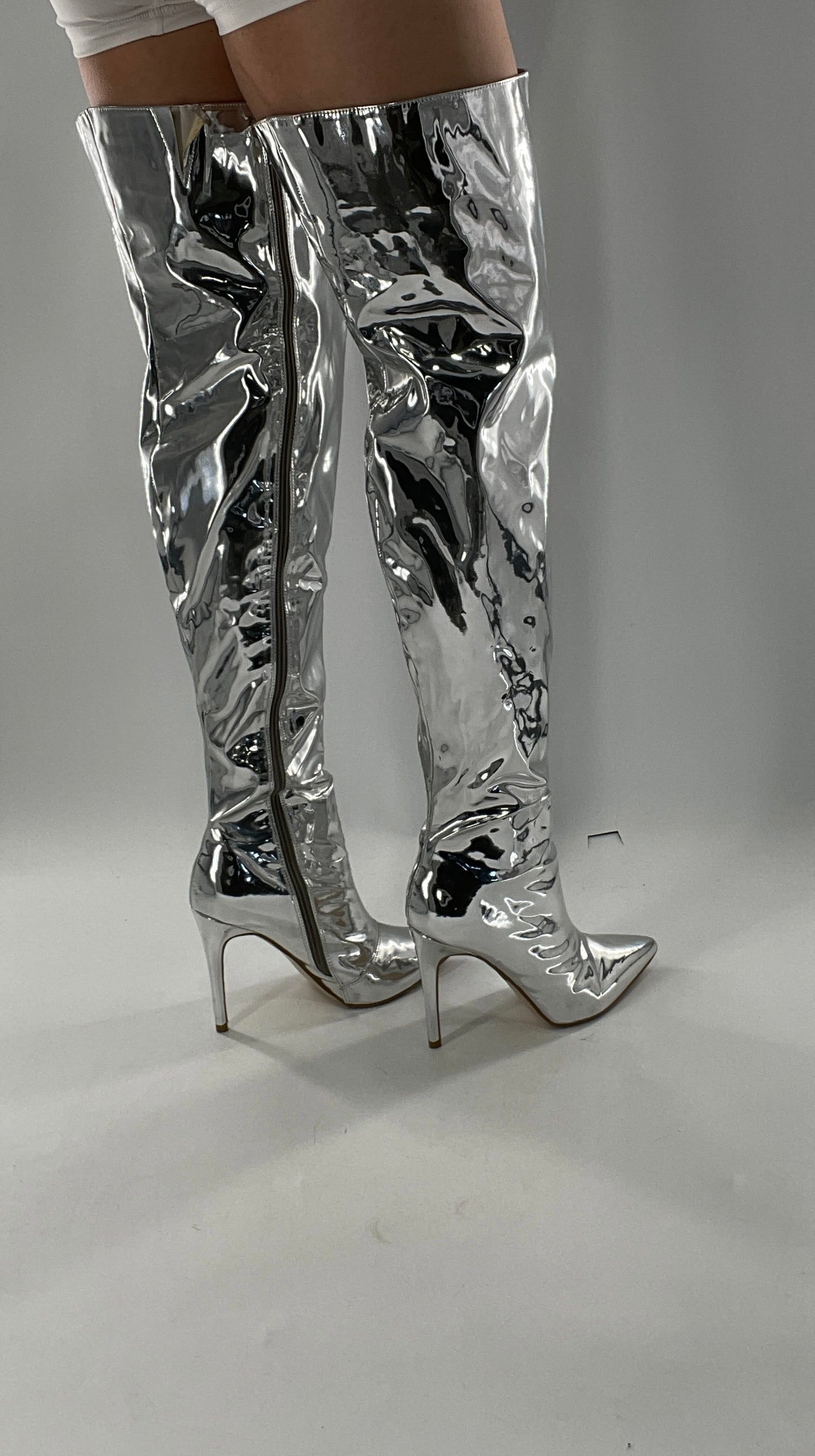 Vintage Chrome Platinum Mirrored Thigh High Molten Metal Sky High Boots Space Cadet/Concert (7)