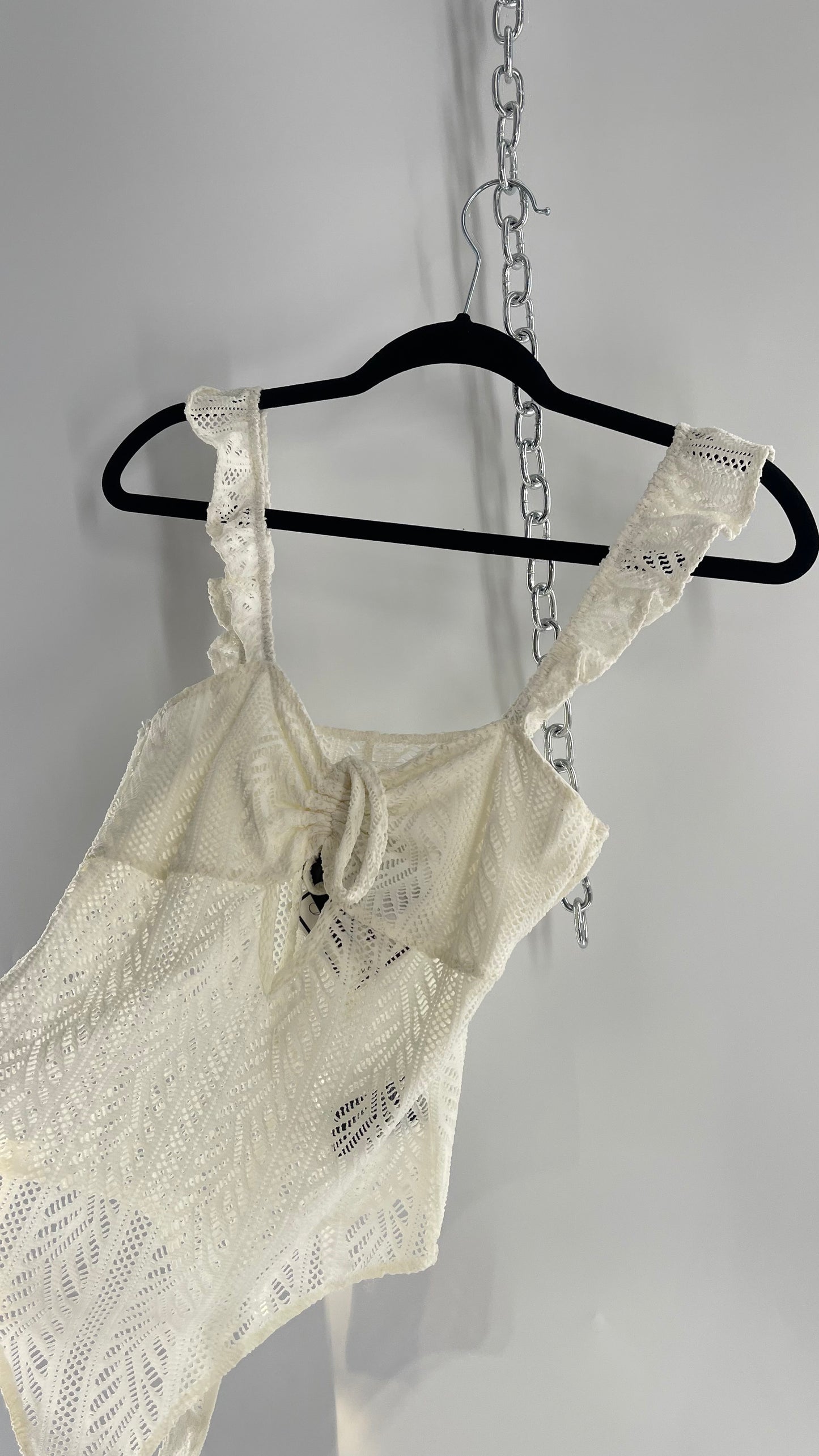 Urban Outfitters White Lace Bodysuit with Ruched Bust and Ruffle Sleeve Detail (S)