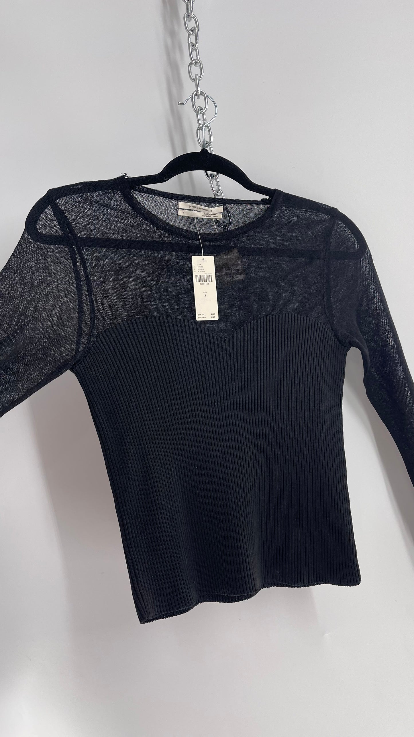 Anthropologie Black Knit Long Sleeve with Ribbed Sweetheart Neckline and Tags Attached (Small)