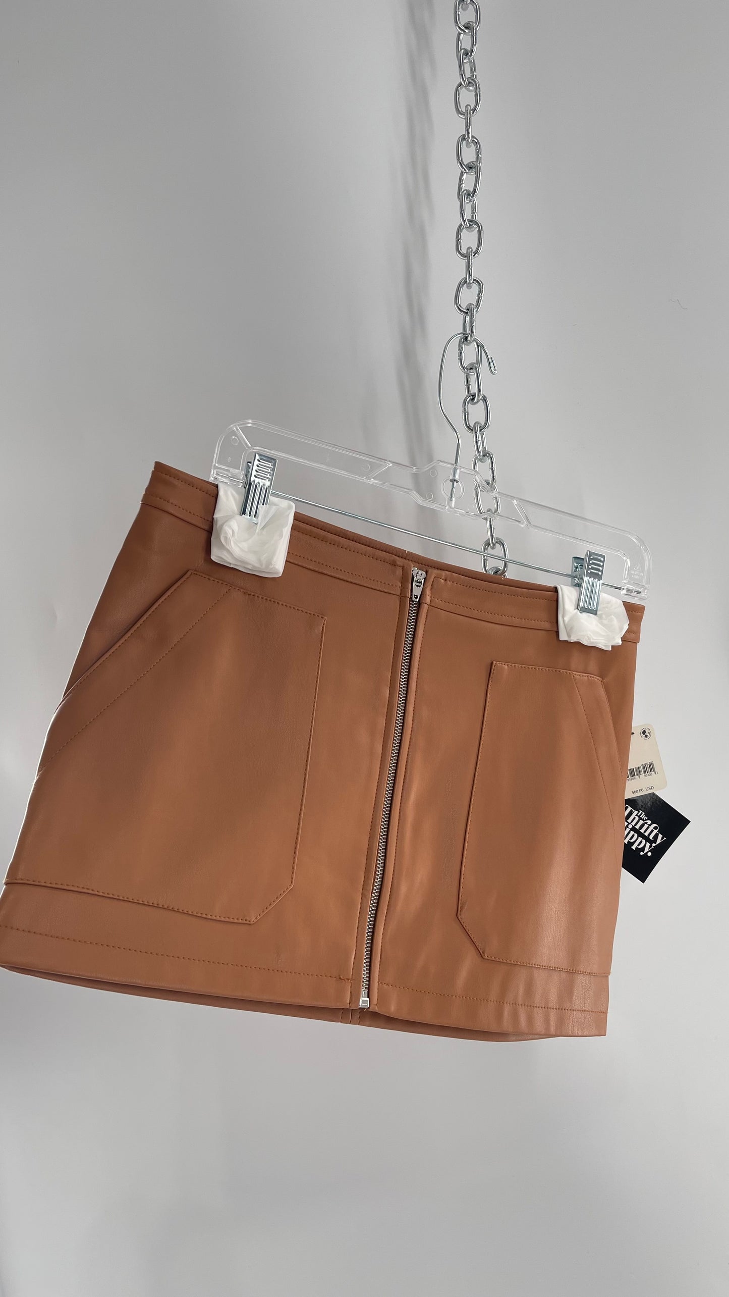 Free People Cognac Brown Vegan Leather Zip Front Skirt with Tags Attached (6)