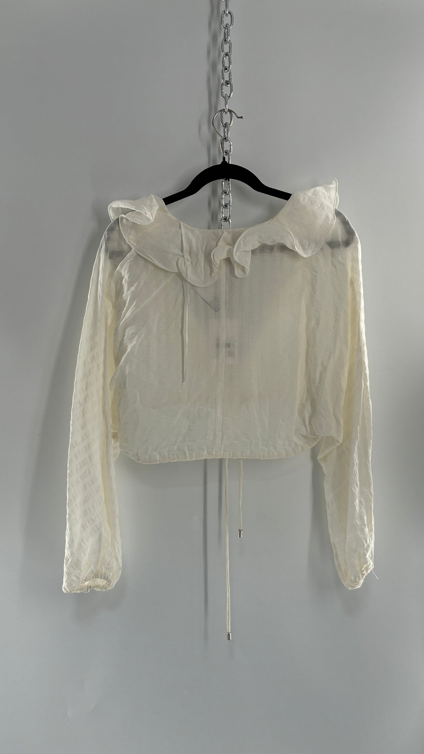 CMEO Collective White Balloon Sleeve Blouse with Ruffled, Button Up Neckline and Adjustable Drawstring Waist (XS 0-2)