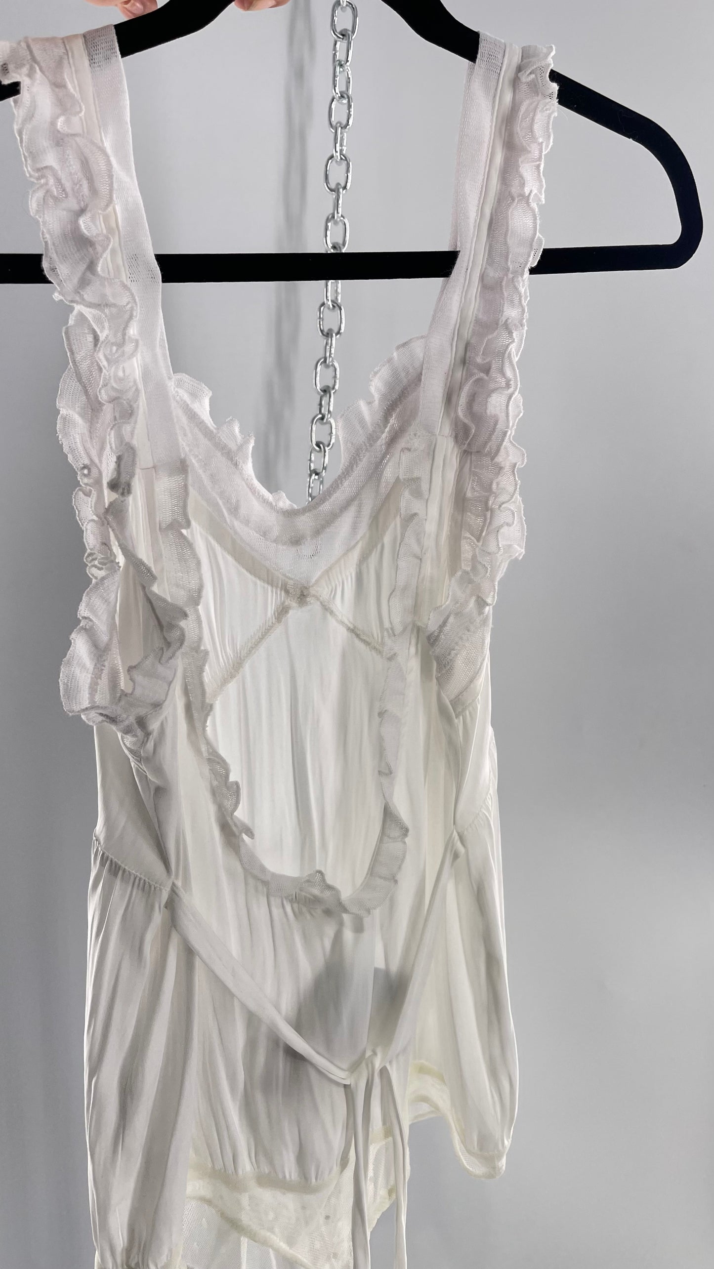Free People White Silky Soft Bodysuit with Ruffled Bust-line and Straps (M)