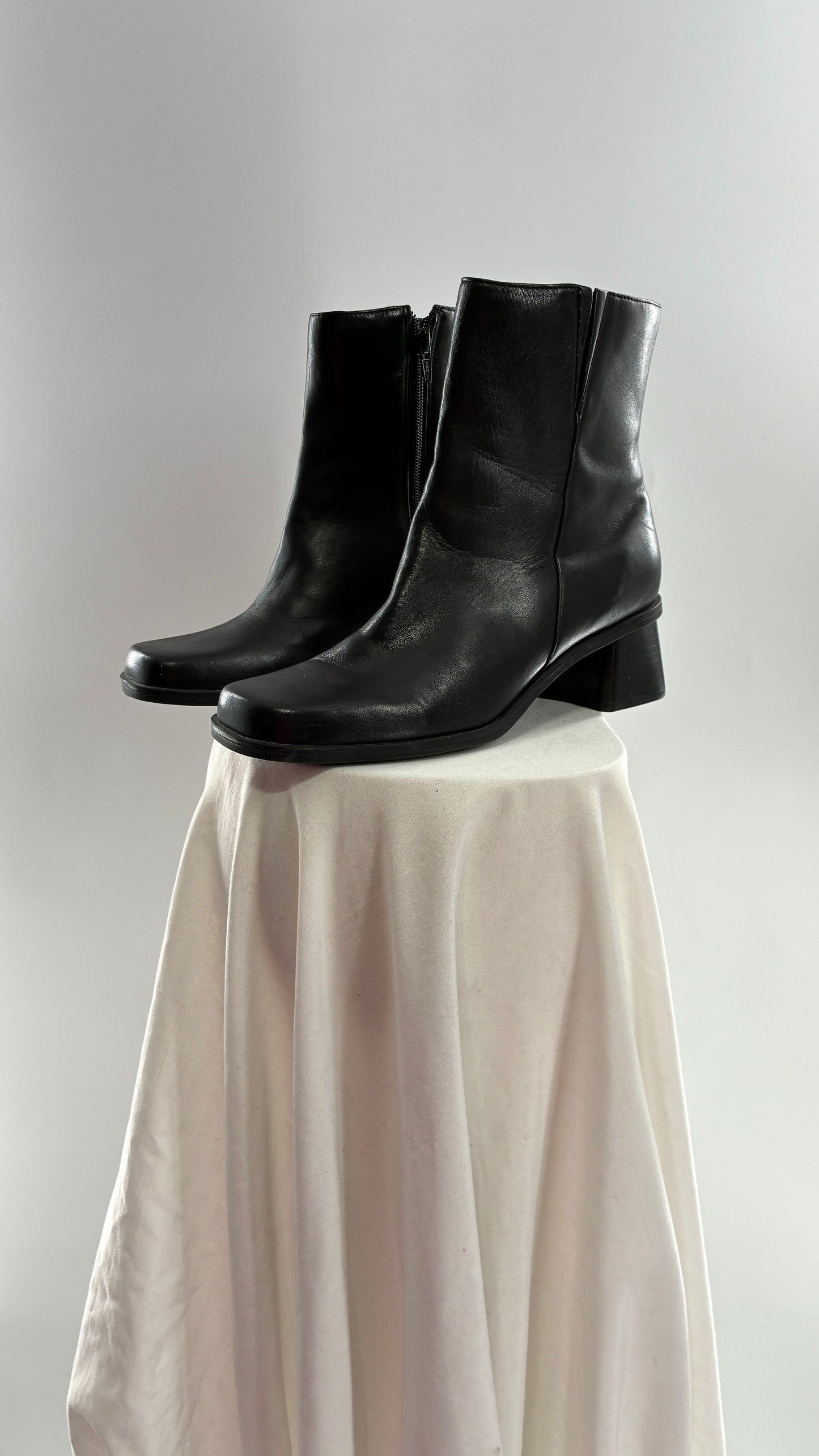 Vintage Naturalizer Black Square Toe Genuine Leather Block Heel Boots Made in Brazil (8)