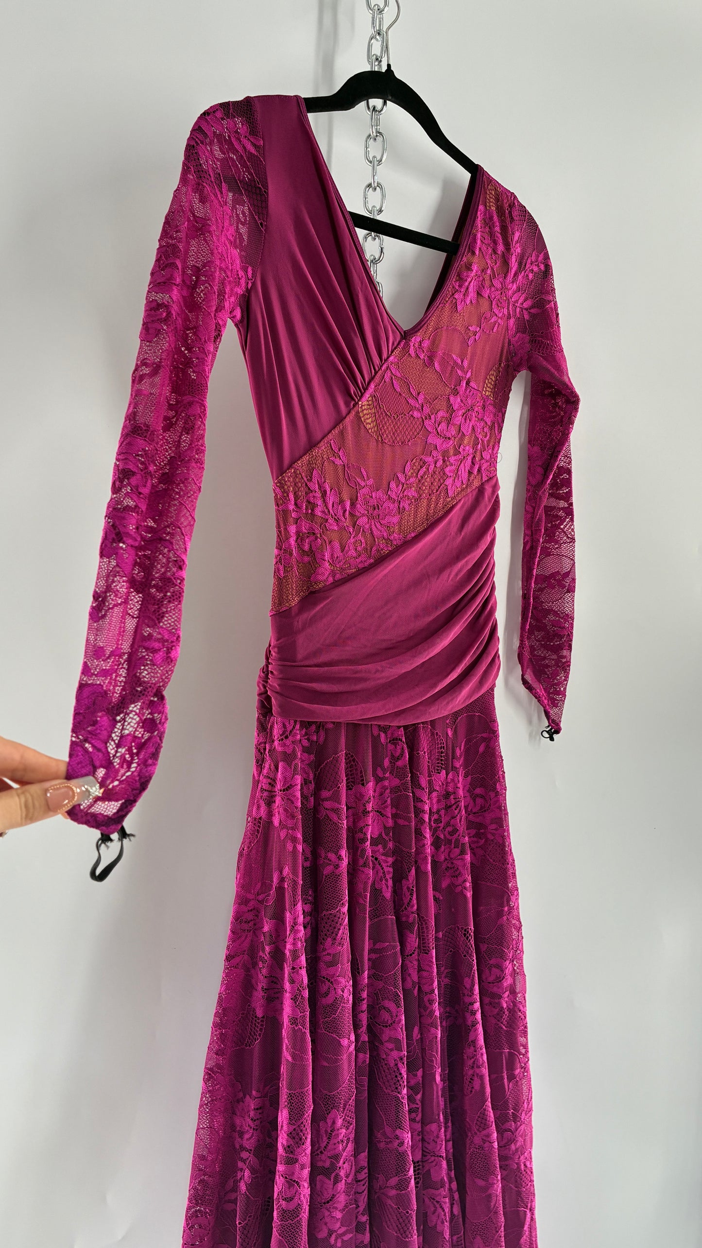 Vintage Fuchsia Flamenco, Lace and Mesh Paneled Gown with Gloved Hand Detail (Small)