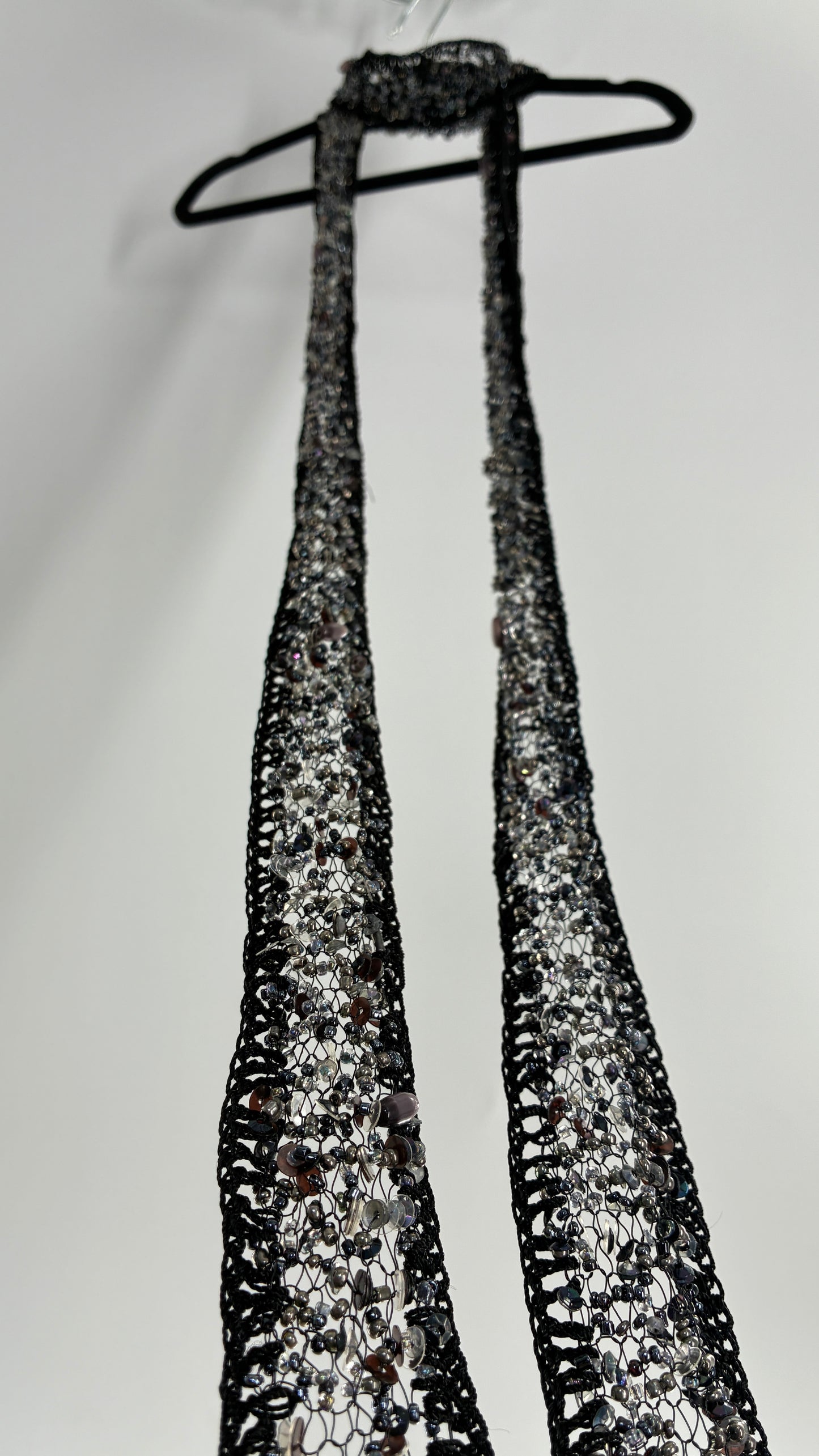 Vintage Black Netted + Crochet Scarf Necklace Covered in Heavy Beading