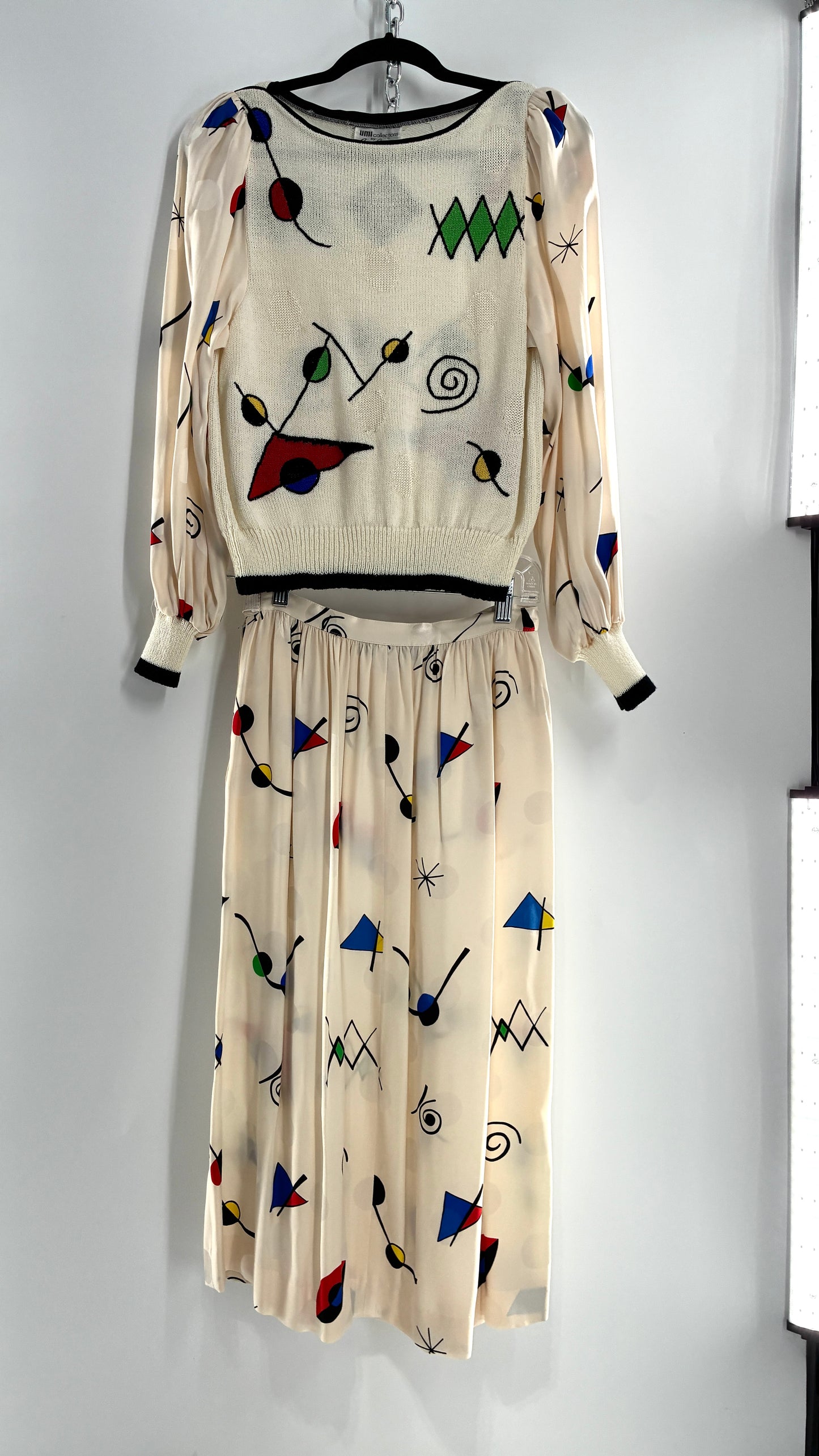 Vintage 1980s UMI collections by Anne Crimmins Off White 2 Piece Set with Abstract Embroidered Designs and 100% Silk Polka Dot Print Skirt (Medium Sweater, 8 Skirt)