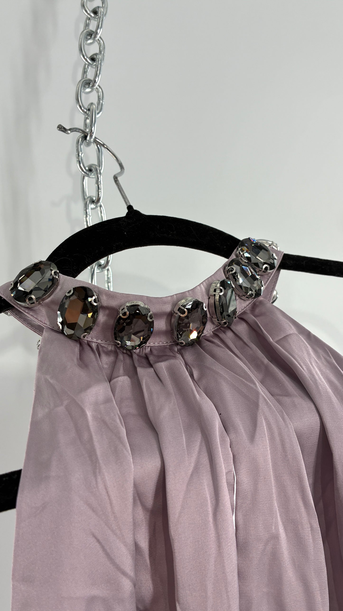 Deadstock Vintage BEBE Silky Dusty Purple Halter with Oversized Rhinestone Choker (XS)