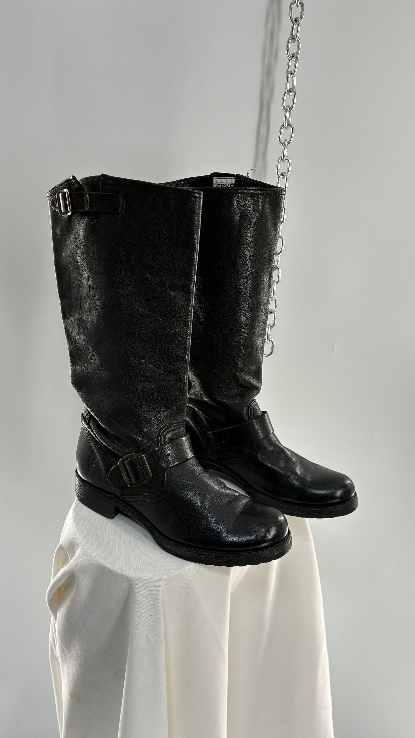 Vintage FRYE Veronica Tumble Shiny Black Leather Slouch Boot (8)
