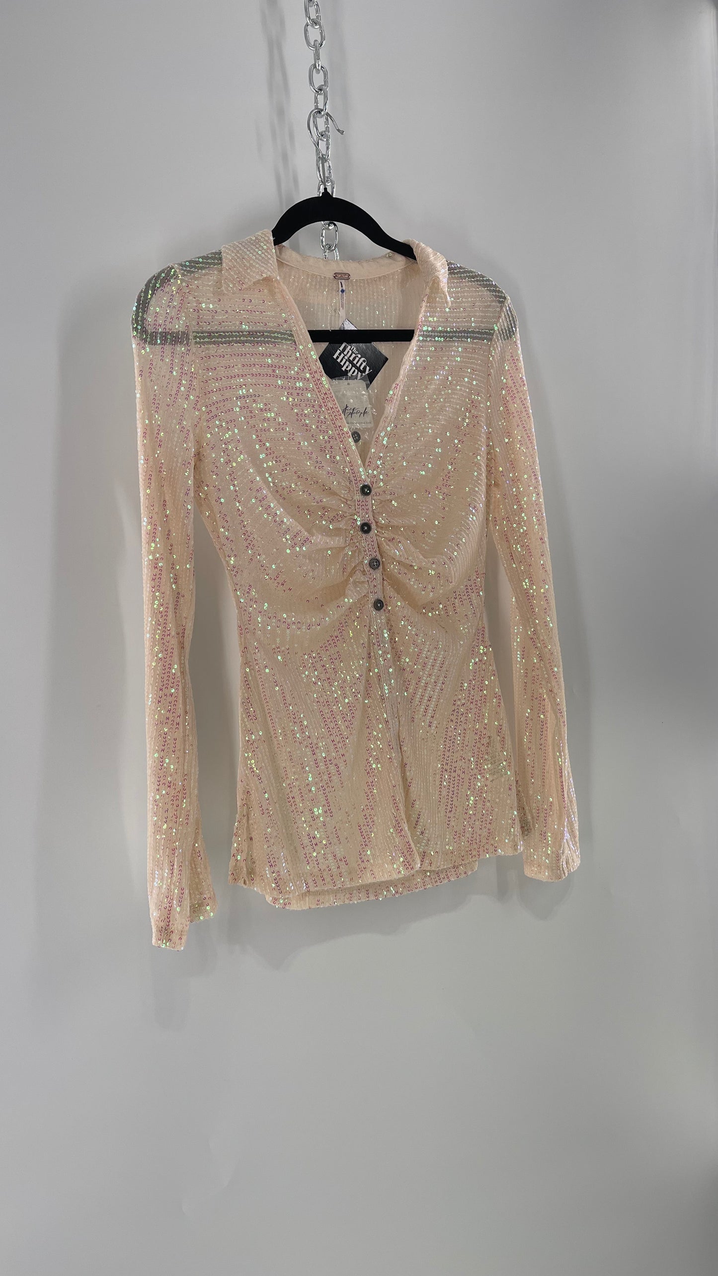 Free People Iridescent Sequined Button Front Ruched Bust Blouse with Tags Attached (Small)