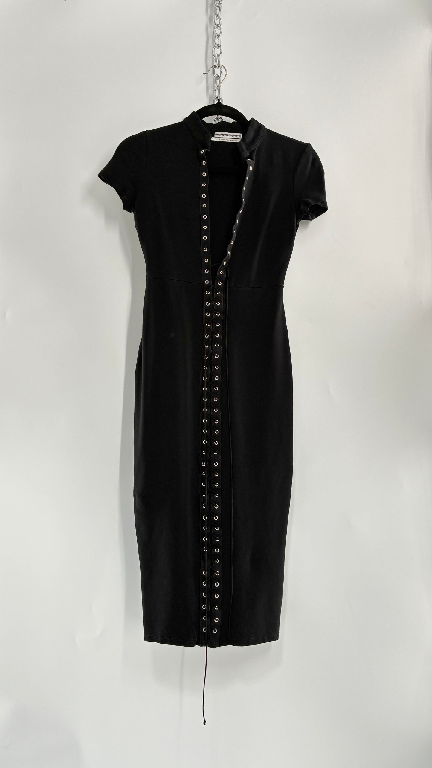 Urban Outfitters Black Midi Bodycon Dress with Tie Up Front and Vented Hem (XS)