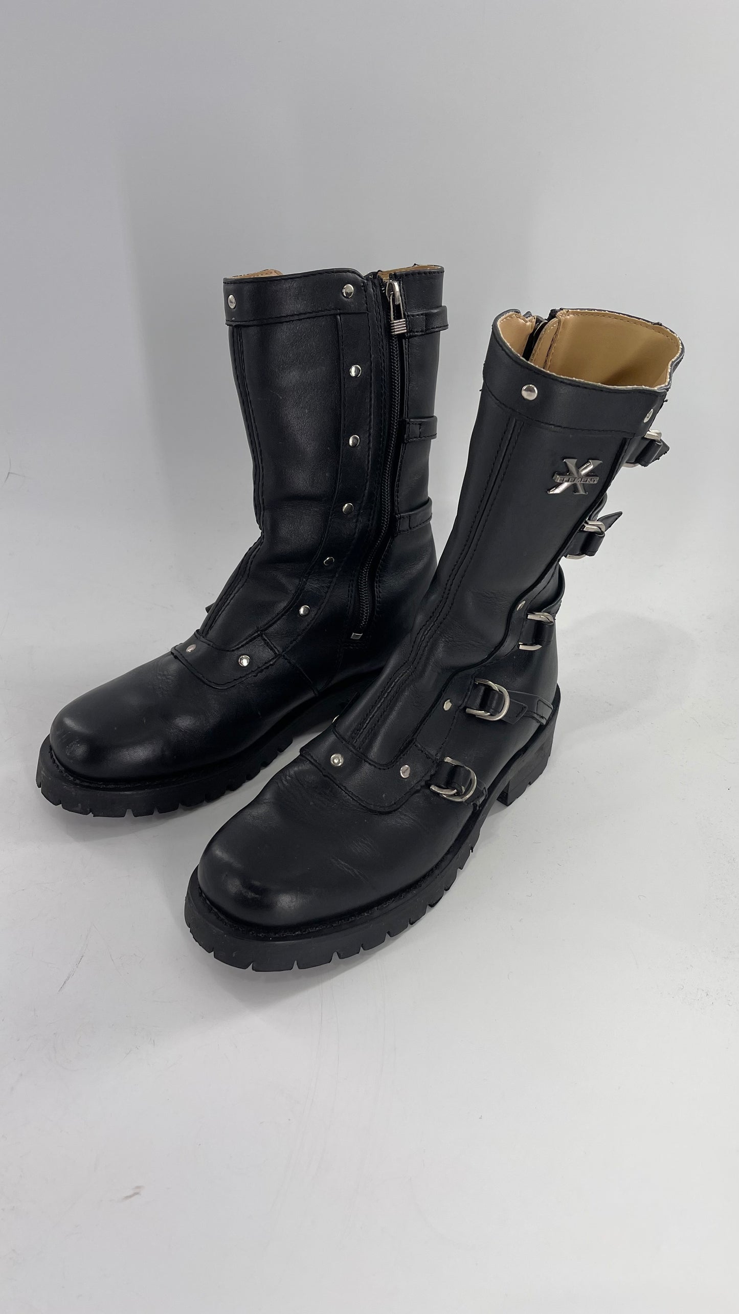 Vintage 1990s XELEMENT Buckle Side Genuine Leather Steam Punk Boots (Women’s 8.5)