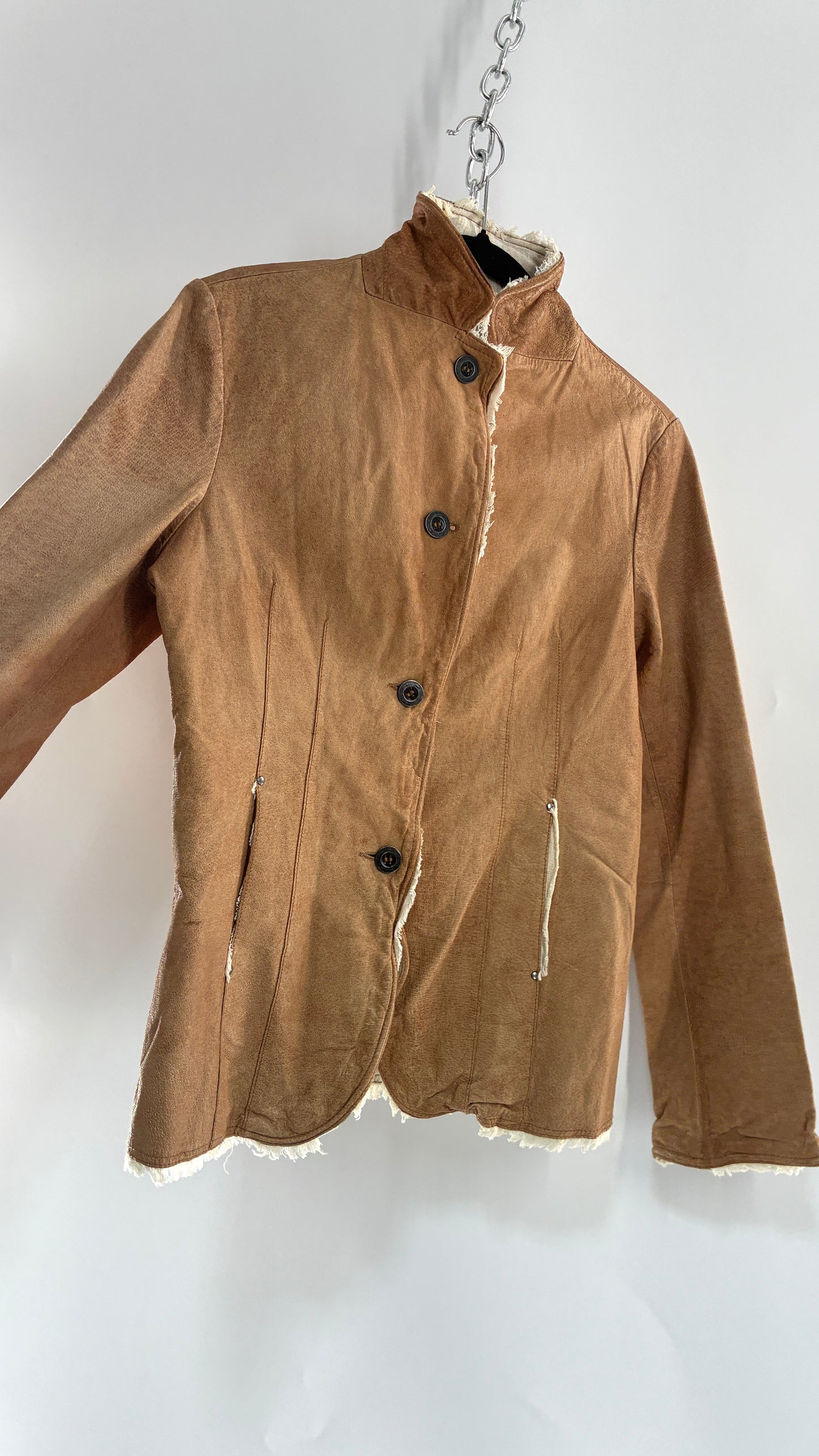 Vintage JAKETT Tan Leather Jacker with Cotton Raw Edge Trim+ Lining and buttoned Cuffs (Medium)