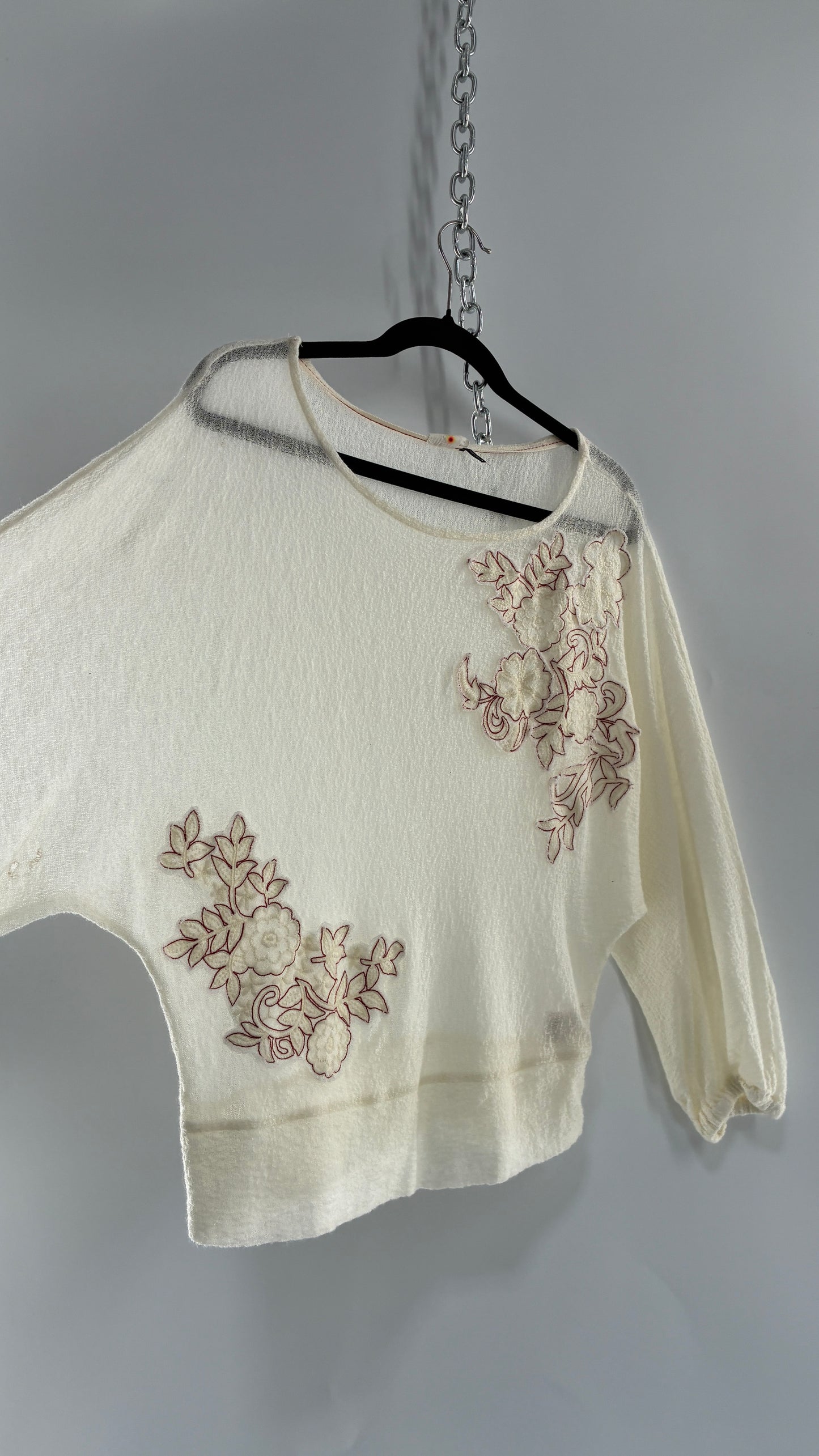 Vintage AKEMI + KIN 30% Wool Off White Gauze Blouse with Embroidered Appliqués (Medium)