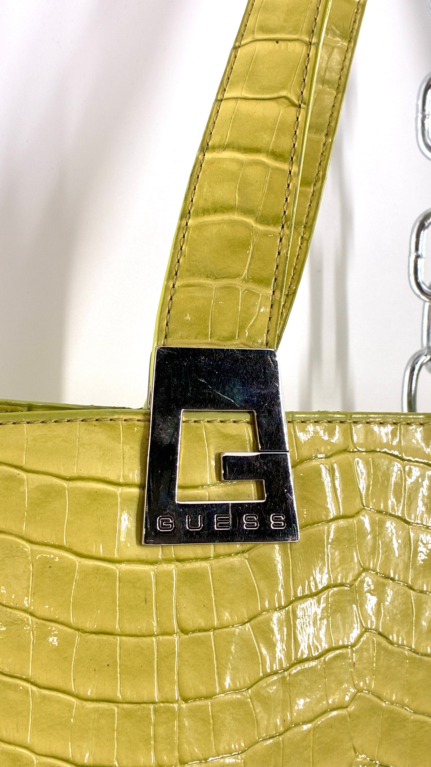 Vintage 1990s GUESS Lime Green Shoulder Purse with Metal Logo Buckle