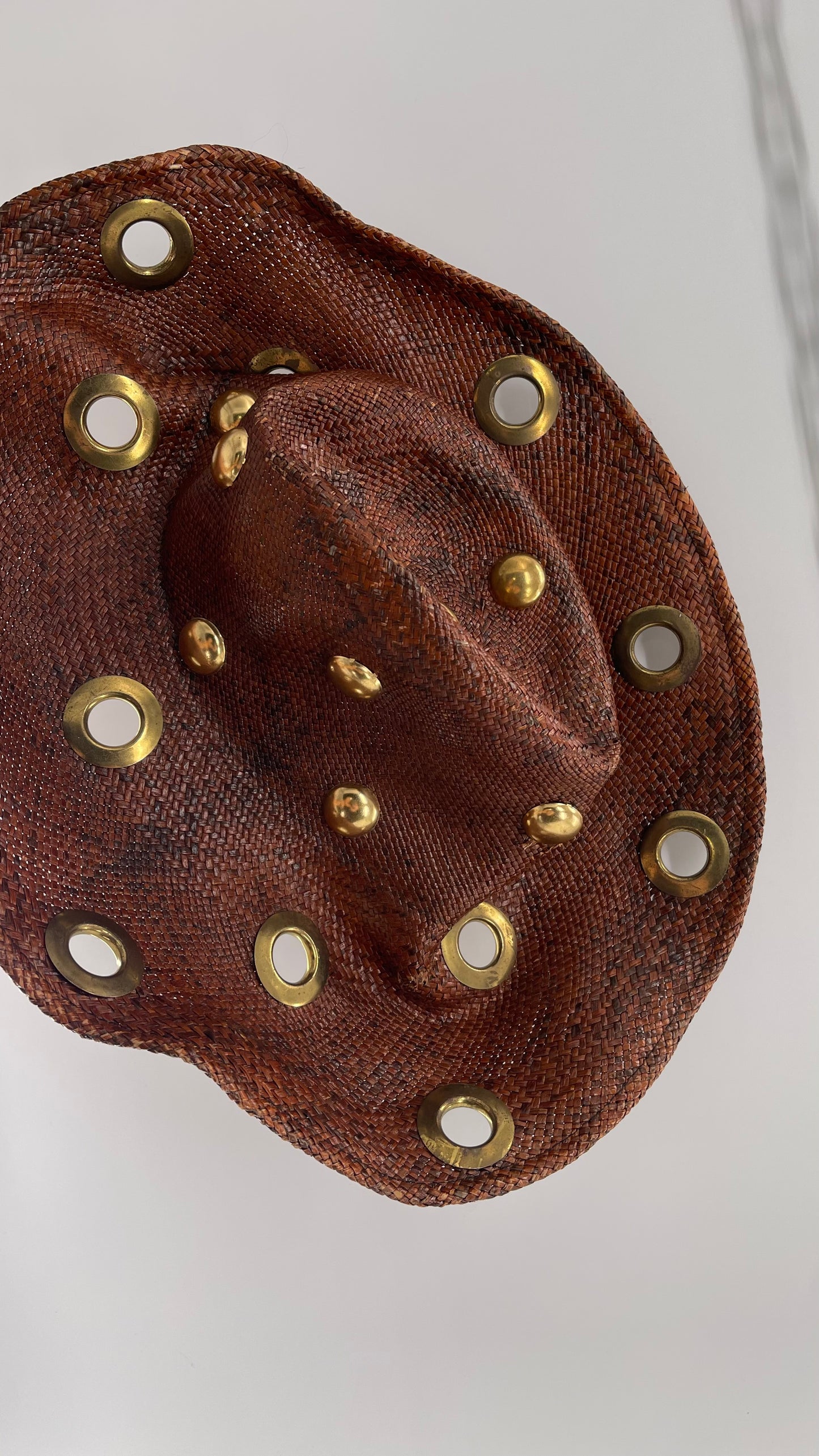 Vintage B.Michael Brown Straw Hat with Gold Grommets