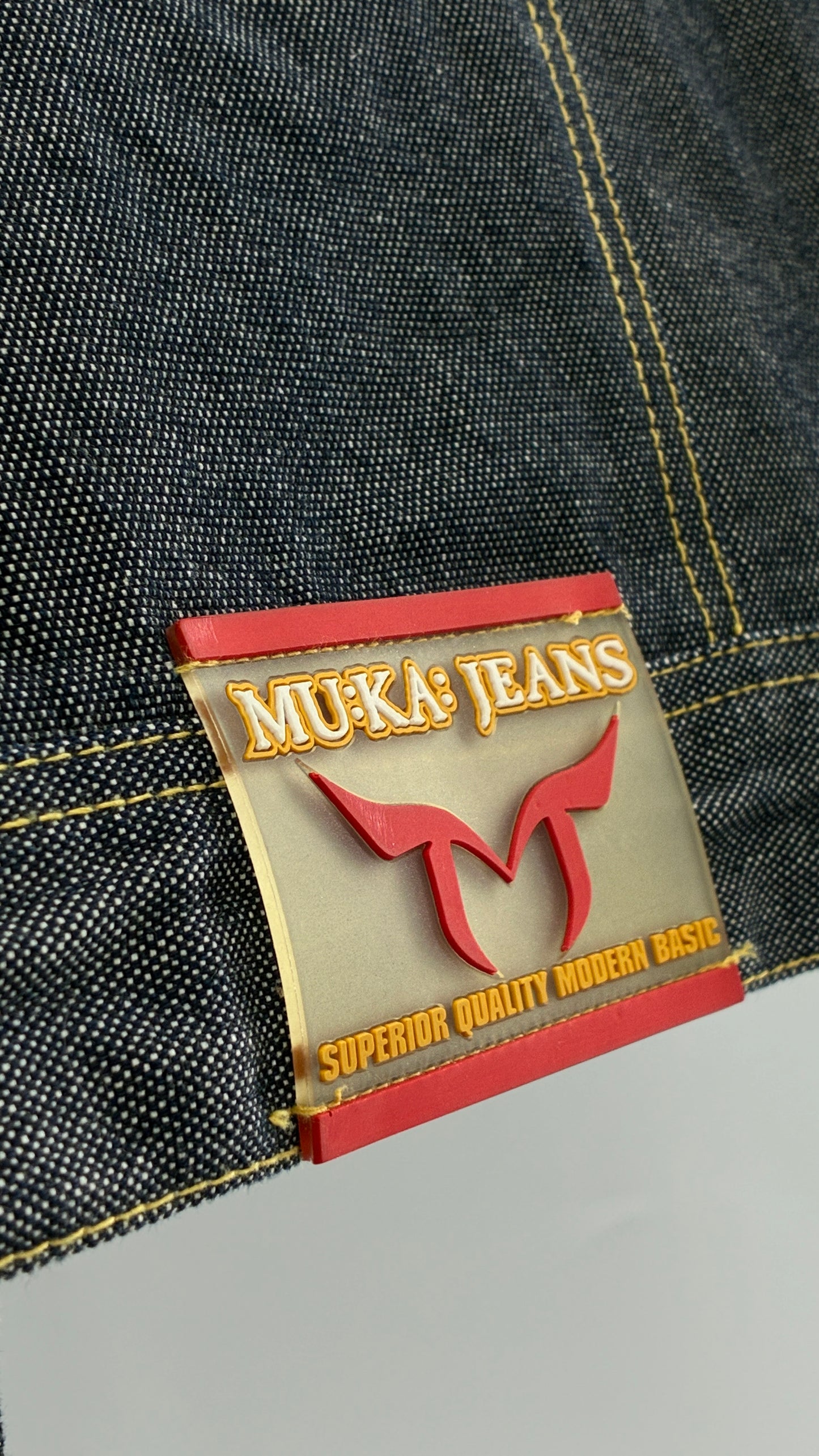 Vintage 1990s MU:KA: JEANS Men’s Dark Wash Japanese Style Denim Baggy Straight Legs and Oversized Jacket Set (L, 32x32)