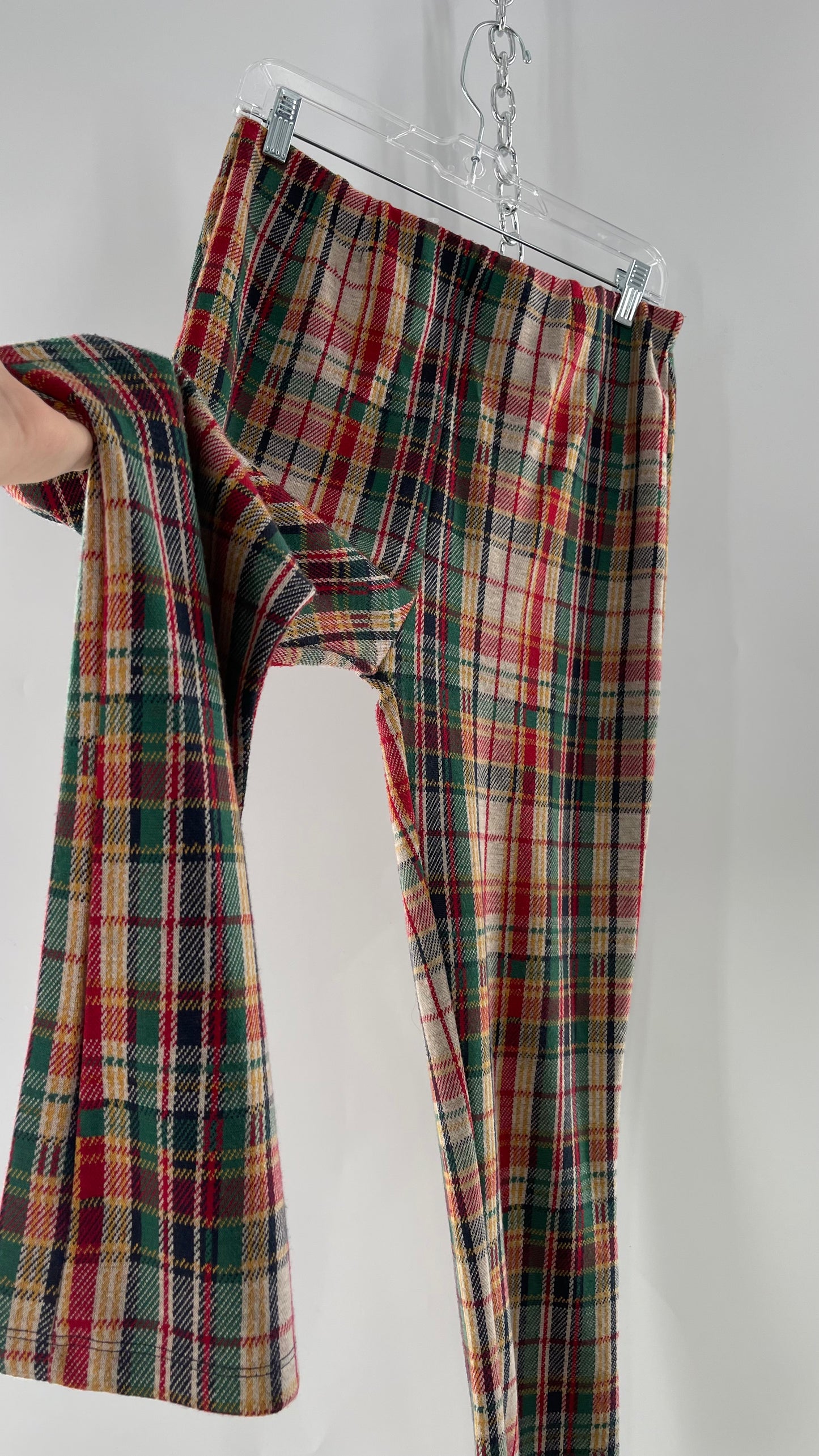 Free People Red\Green Plaid Knit Straight Leg Pants with Elastic Waist ( L)