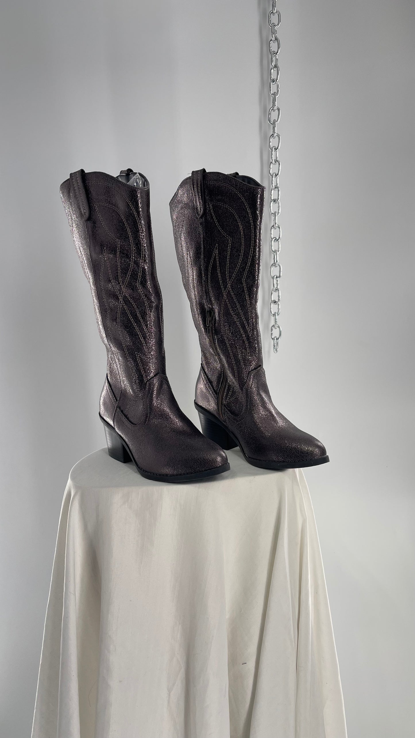 Vintage POP Metallic Silver Knee High Cowgirl Boots with Pointed Toe (6)