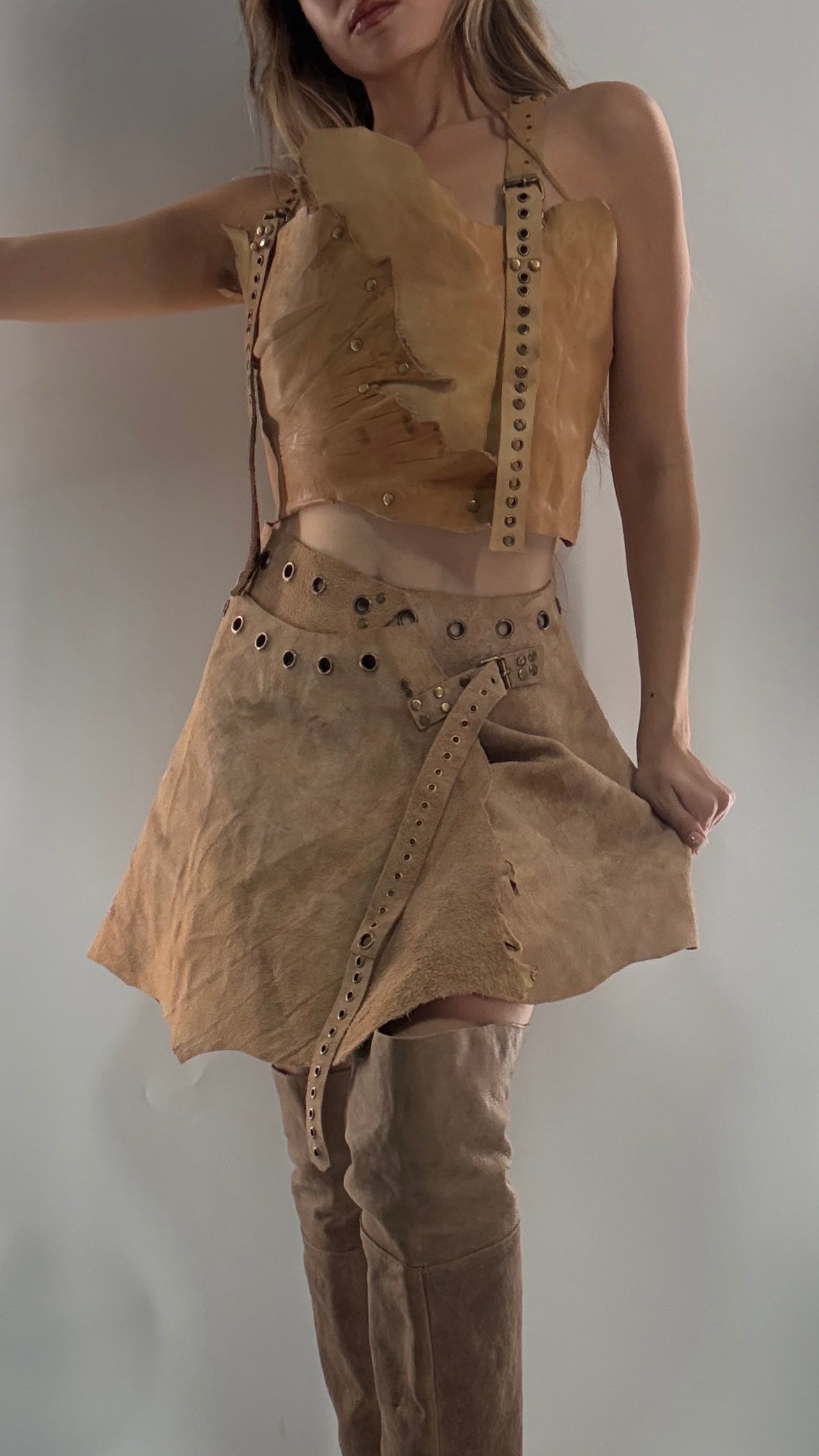 CUSTOM Handmade Rugged and Reversible Distressed Leather Two Piece Set with Grommet Waistband (XS-XL)