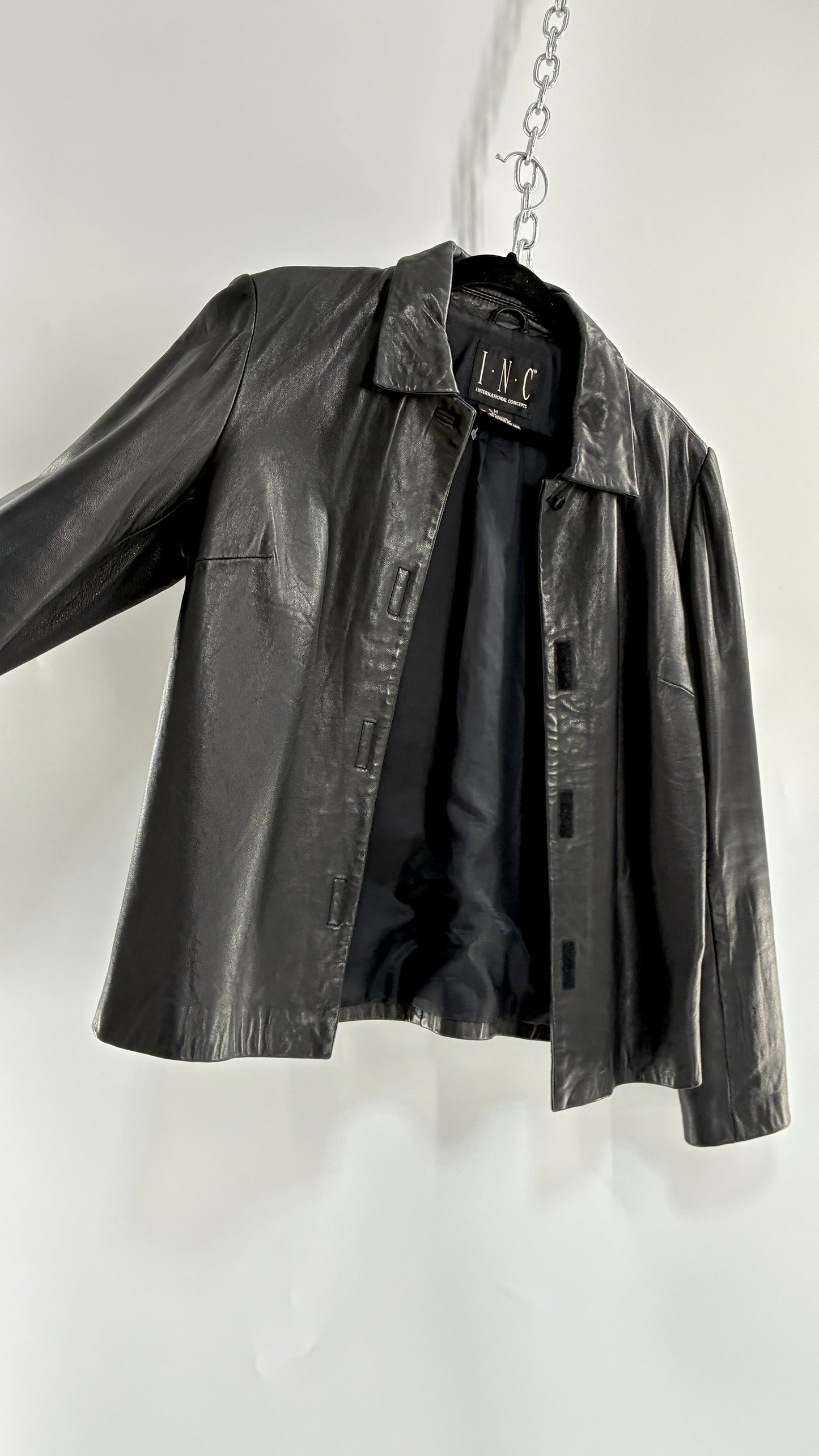Vintage INC 1990s Black Genuine Ultra Soft Leather Collared Jacket with Velcro Closure Never Worn (Medium)