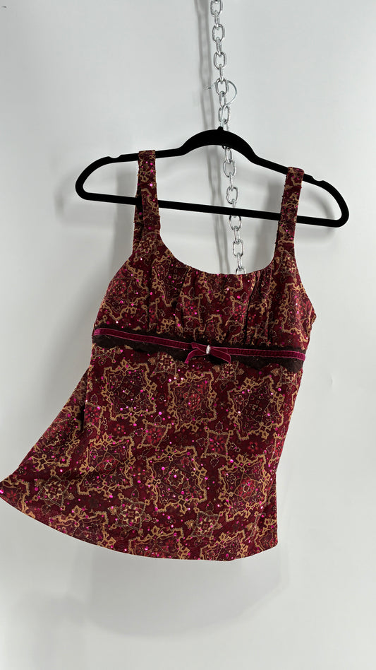 Vintage SELF ESTEEM Maroon Camisole with Sequins, Ruched Bust, and Velvet Ribbon Detail (Large)
