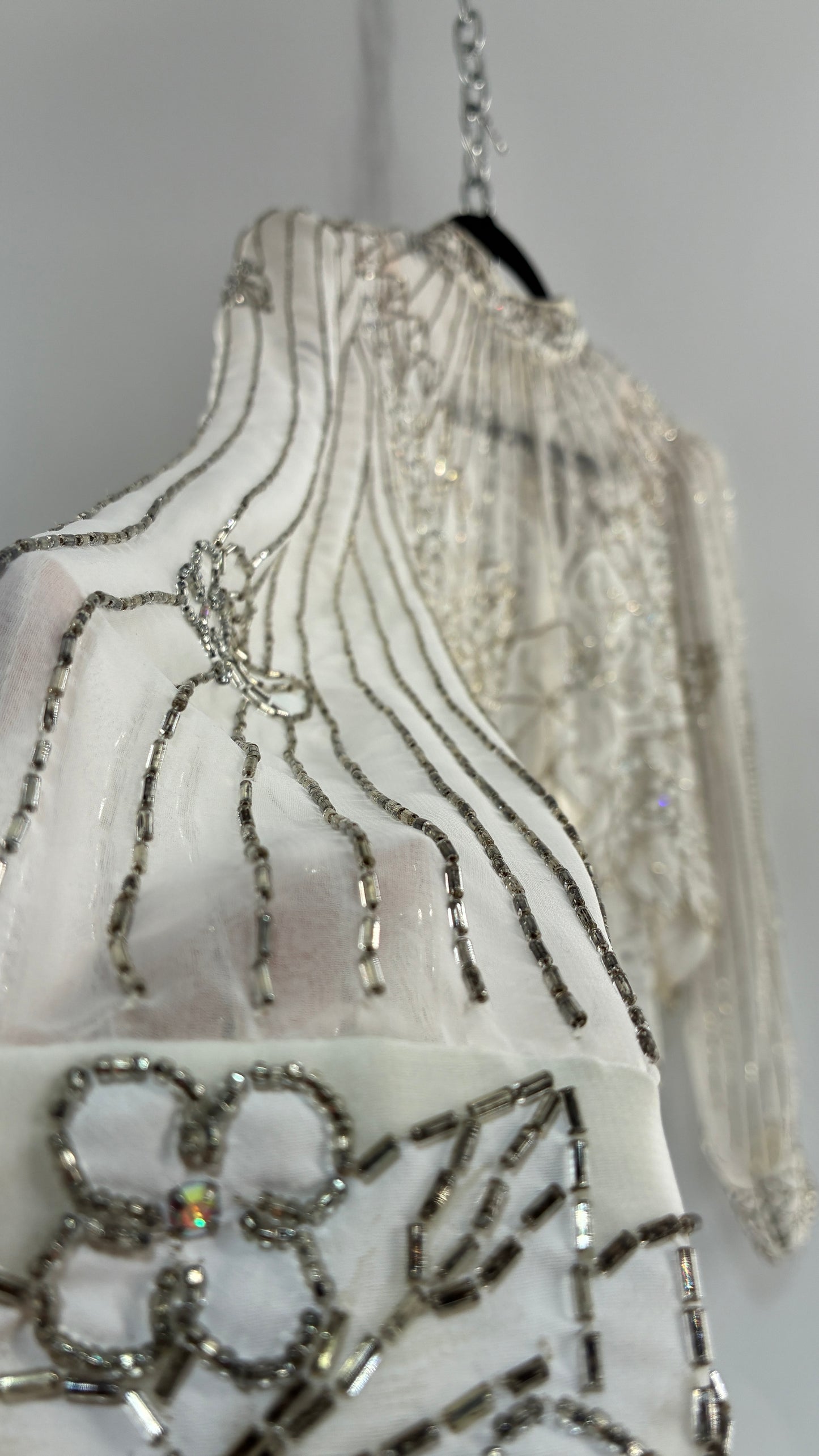 Vintage Sheer White Bridal Beaded Open Back Floral Blouse with High Neck (Medium)