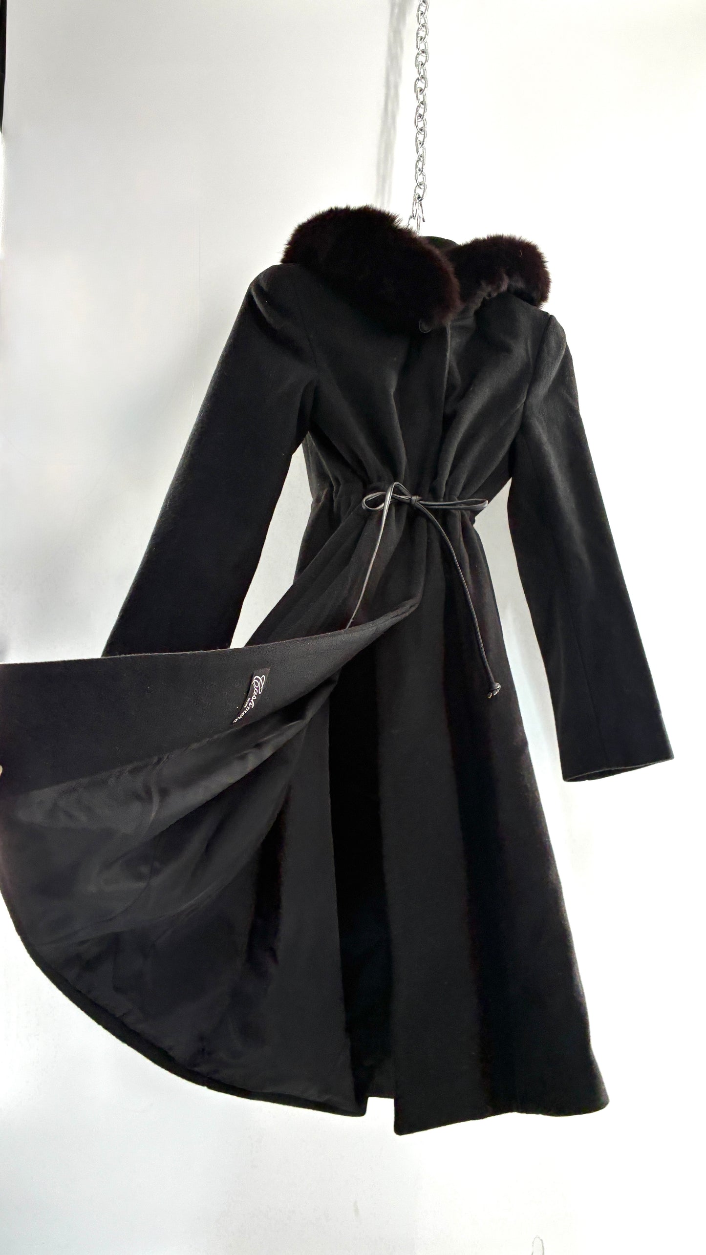 Vintage STEVE by SEARLE Cashmere Blend Coat with Underbust Tie and Fur Hood