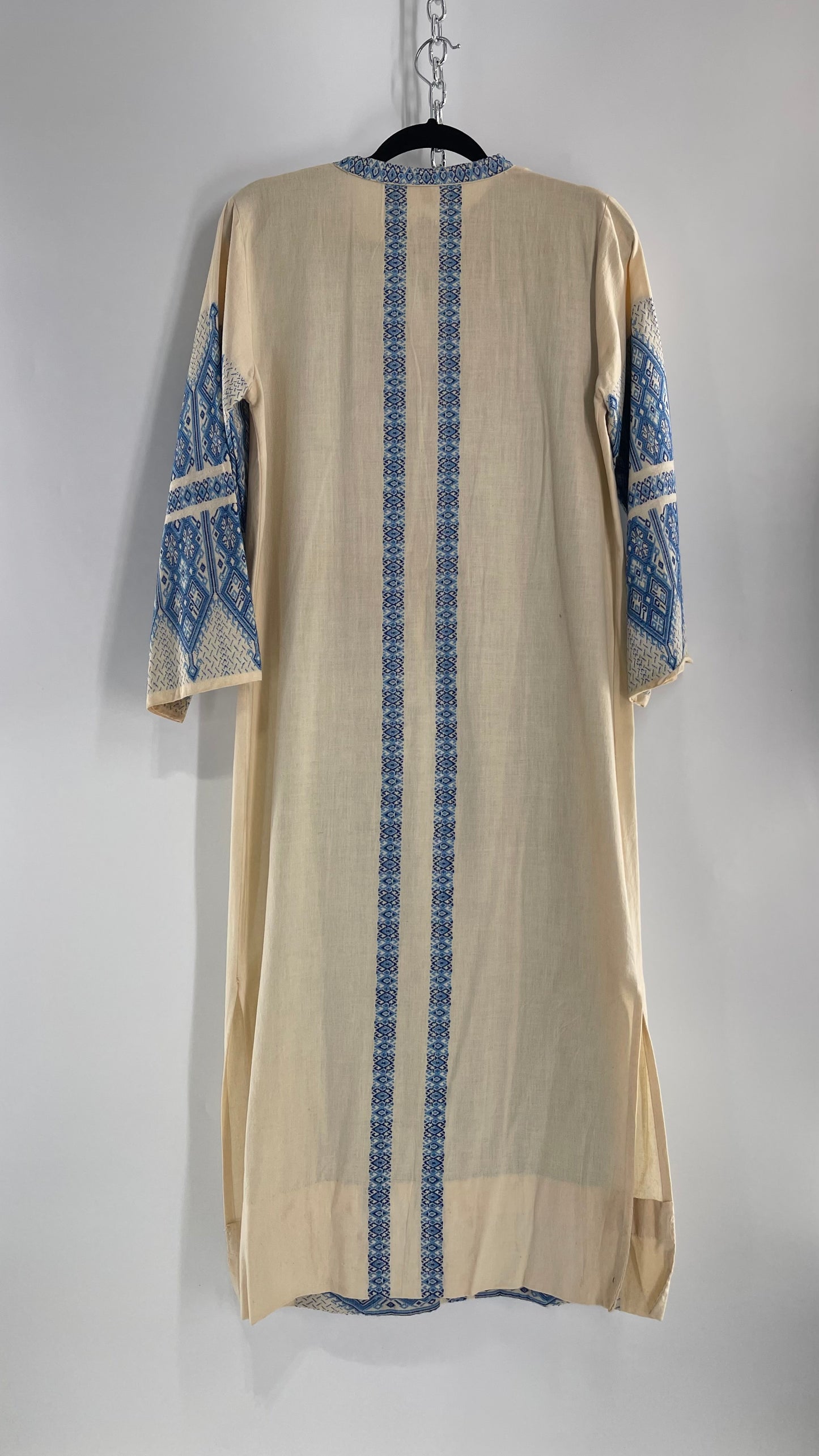 Vintage Pericles 1970s Wool Blend Off White Tunic Gown with Blue Needlepoint Embroidery